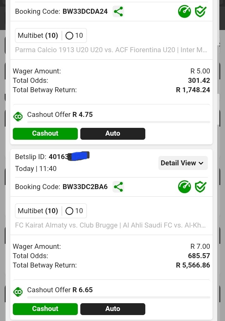 (BW33DCDA24) kick off at 15h00 R5 =R1,7k
(BW33DC2BA6) kick off at 17:30 R7= R5k. Lets knock it down ❤️ 😍 💖