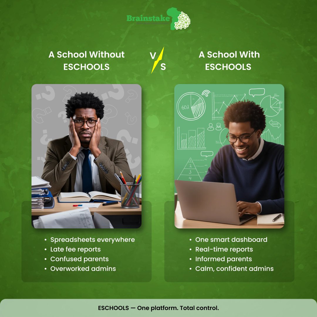 brainstake's tweet photo. Same school. Different outcomes.

Manual systems create confusion. 
ESCHOOLS creates clarity.
One platform for administration, finance, and communication.

#SchoolManagement #EdTech #DigitalTransformation https://t.co/JkPT8kT5RF