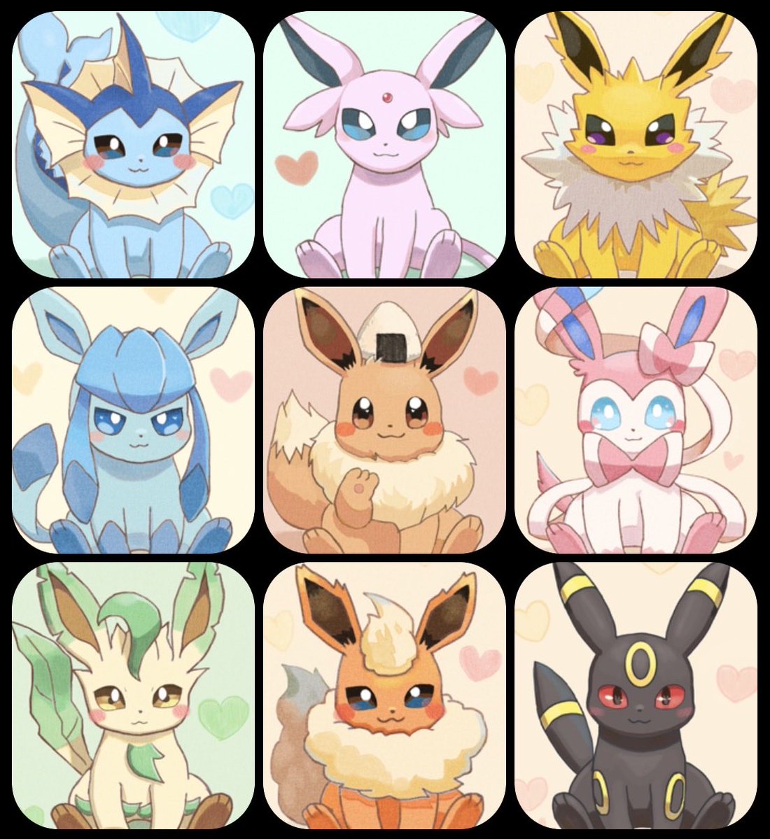 komeko_014's tweet image. ちょこんとお座りブイズまとめ🐾
今まで見ていただきありがとうございました💖
#ポケモンイラスト　#ブイズ
#PokemonArt #Eeveelutions