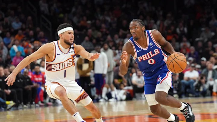 PompeyOnSixers's tweet image. Give ‘Em To Me! I want your predictions for tonight’s  #Sixers  vs. #PhoenixSuns game at Xfinity Mobile Arena. I want the winning team, final score, who will be the X Factor and points for Tyrese Maxey and Suns standout Devin Booker.