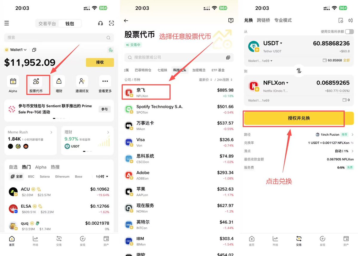 币安钱包交易【股票代币】  Alpha+5积分任务
成本约 0.3U，必做
时间：1月20日 21点-  2月3日 21点
⚠️ 注意：21 点才开始！21 点才开始！21 点才开始！
✅ 无名额限制，活动期间随时都可以做

操作流程（如下图）
1⃣打开币安App → 进入【钱包】页面 → 点击【股票代币】入口
2⃣选择任意股票代币