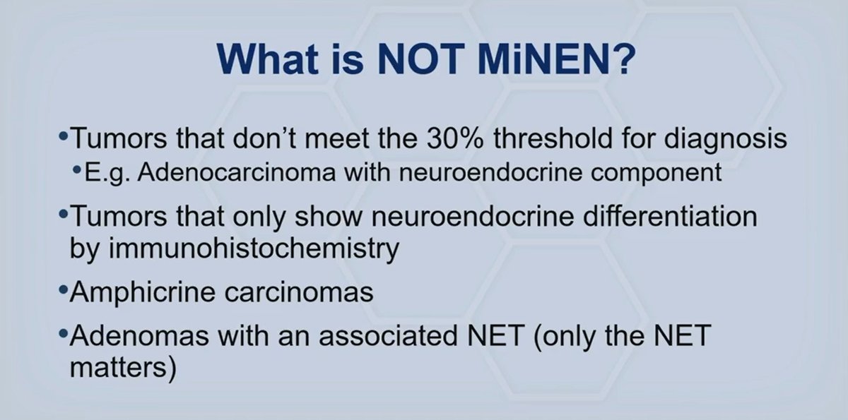 Janiranavarro's tweet photo. Mixed neuroendocrine and non-neuroendocrine neoplasms (MiNEN)

- Both components comprise at least 30% of the tumor
- Tumors that only show neuroendocrine differentiation by IHC are not MiNEN; they can be called carcinomas with neuroendocrine component or carcinomas with synaptophysin expression

Dr. Panarelli - 2025 Diagnostic Pathology Update #pathology #PathTwitter #PathX