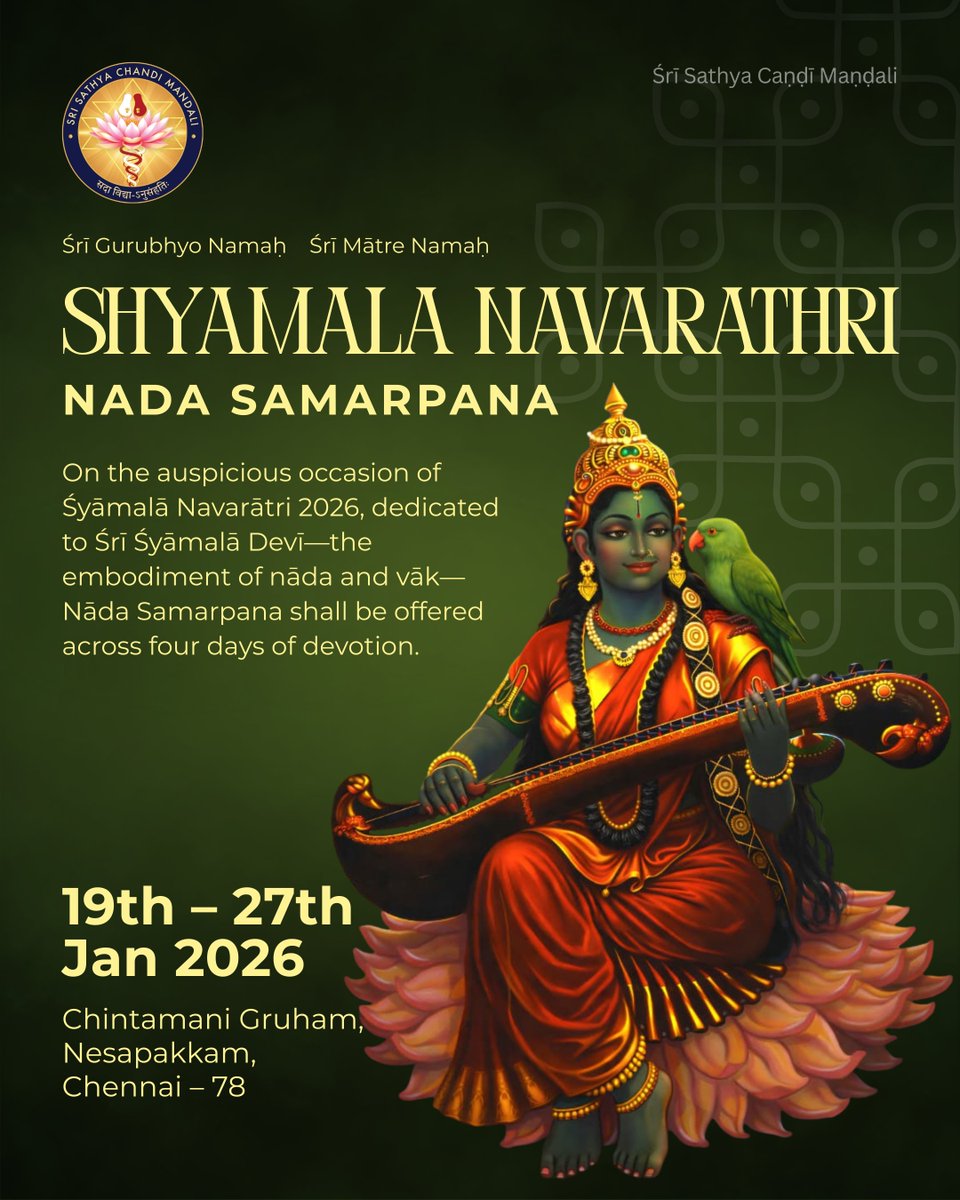 SSCM_2013's tweet photo. Shyamala Navarathri Nada Samarpana

A humble musical offering at the feet of Goddess Shyamala during the auspicious days of Navarathri. Join us in this celebration of devotion through classical music.

Concert schedule &amp; details in the poster.

#shyamaladevi #mathangi #srividya https://t.co/7zmy28DhHJ