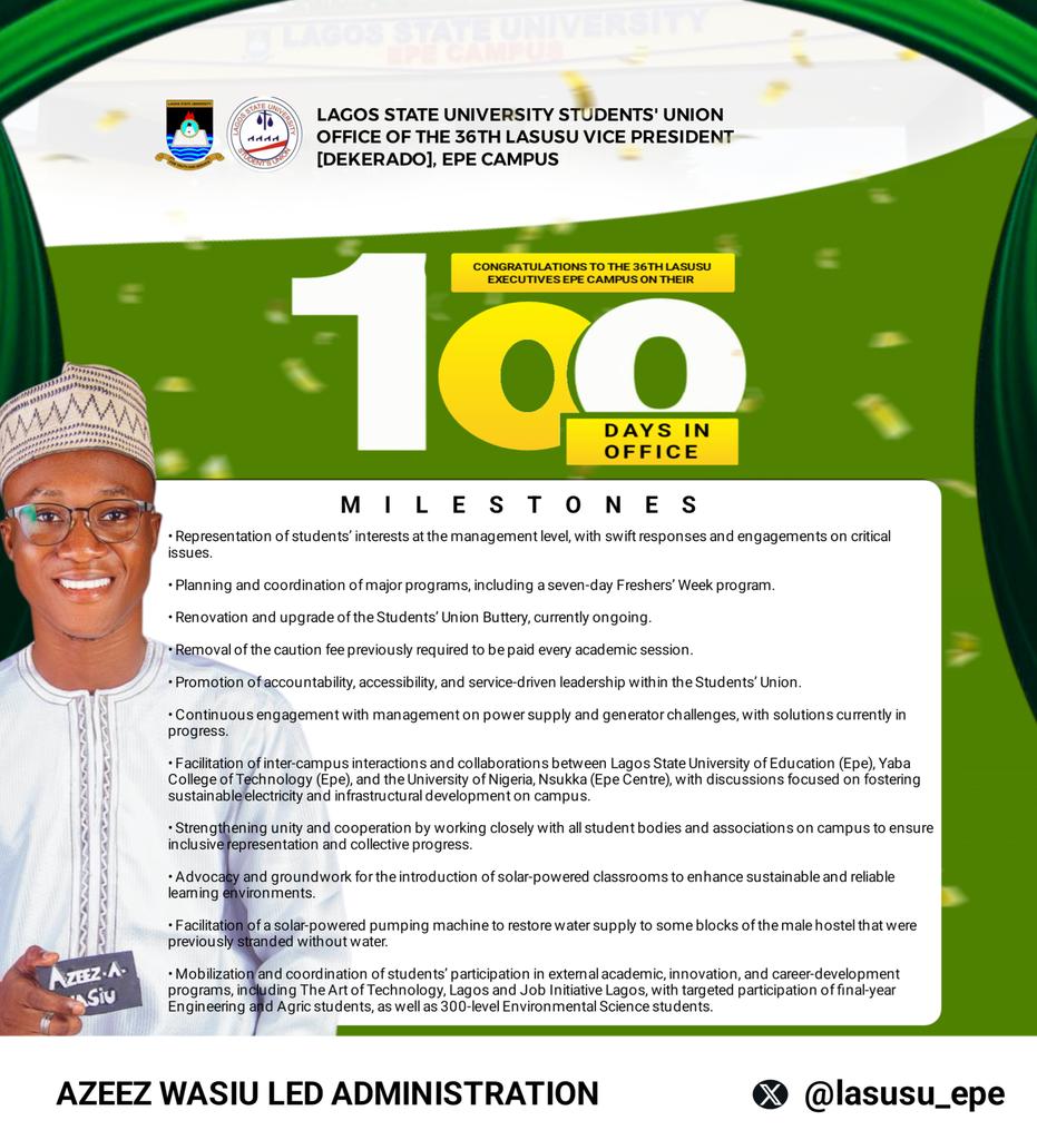 lasusu_epe's tweet photo. 100 days of purposeful leadership and committed service.

Celebrating the Vice President’s impactful contributions to student representation, accountability, and sustainable progress at LASUSU Epe Campus.

Here’s to greater milestones ahead. 💚🎉
#DEKARADO #36THLASUSUEPE https://t.co/osRwIkskaK