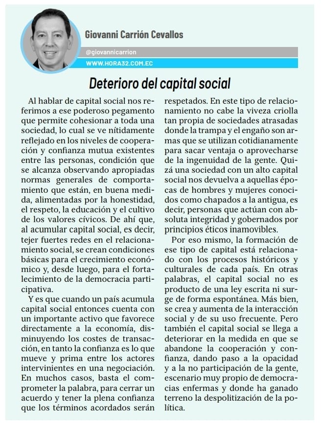 Buenos días. Comparto mi opinión: Deterioro del capital social.

Vía <a href="/HORA32LOJA/">HORA32</a>