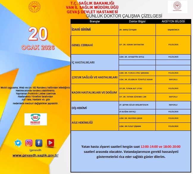 Mobil,Web ve 182 Randevu hattından istediğiniz Hekime anında randevu alabilirsiniz. Yayınlanan Poliklinik Listesi üzerinde Hastanemiz Yönetimi tarafından Acil Vaka,Hastalık vb.gibi nedenlerle mecburi değişiklikler yapılabilir.
<a href="/vanilsaglik/">Van İl Sağlık Müdürlüğü</a>

<a href="/drmuhammedtosun/">Dr.Muhammed Tosun</a>

<a href="/KHHBVANILSAGLIK/">Dr. Sevcan Sağlam</a>