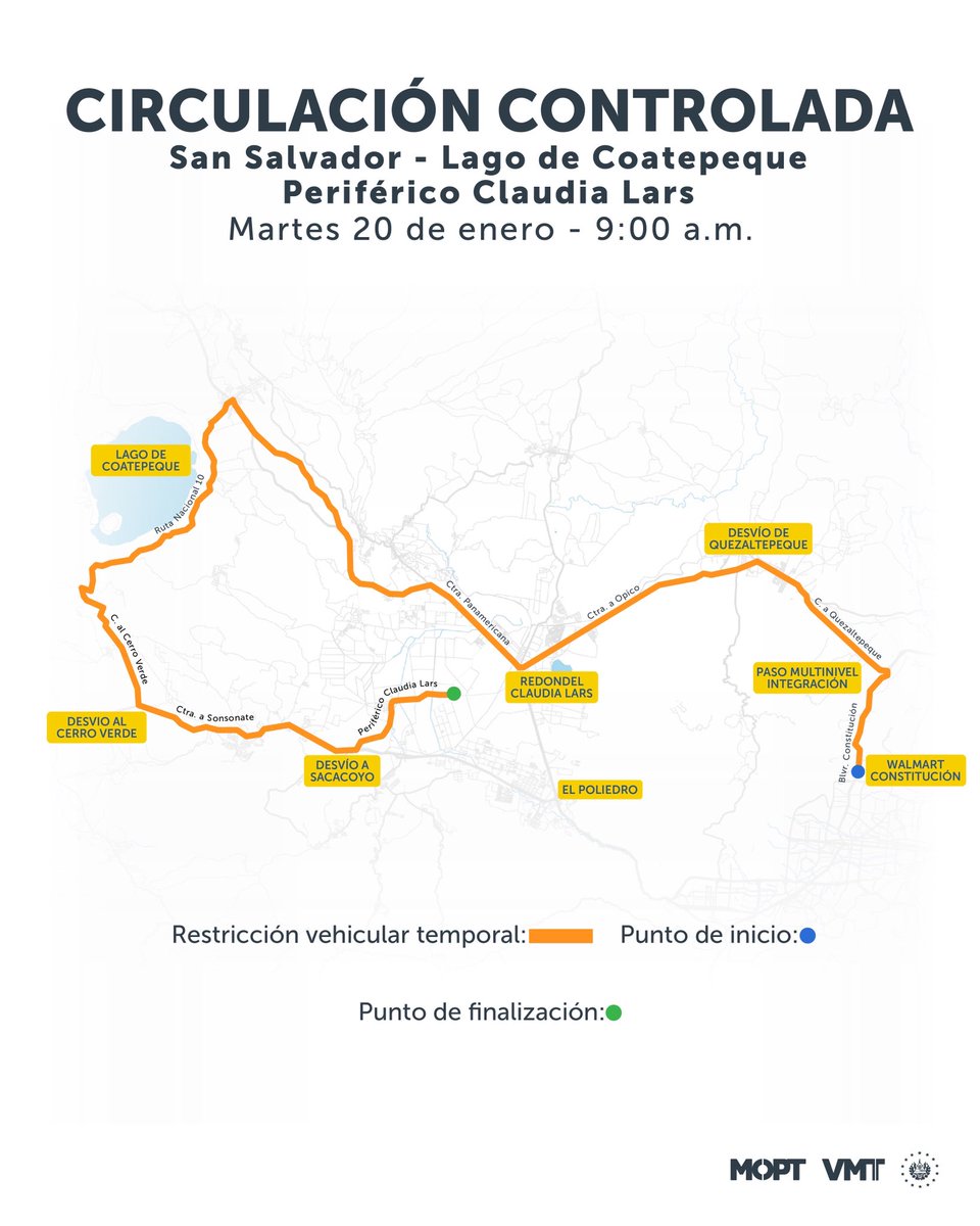VMTElSalvador's tweet photo. Este martes 20 de enero el recorrido de @tour_elsalvador iniciará a las 9:00 a.m. en el sector de Walmart Constitución para recorrer la carretera Panamericana hasta el parque natural Cerro Verde y finalizará en el periférico Claudia Lars. https://t.co/kaVCCxseH8