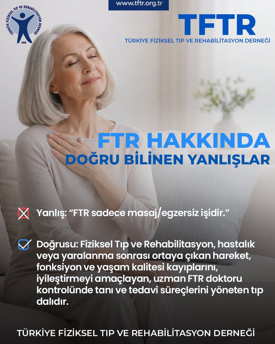 Doğru Bilinen Yanlışlar serimize devam ediyoruz

Fiziksel Tıp ve Rehabilitasyon; hastalık ve yaralanma sonrası ortaya çıkan hareket, fonksiyon ve yaşam kalitesi kayıplarını iyileştirmeyi amaçlayan, uzman FTR doktoru kontrolünde tanı ve tedavi süreçlerinin yönetildiği tıp dalıdır.