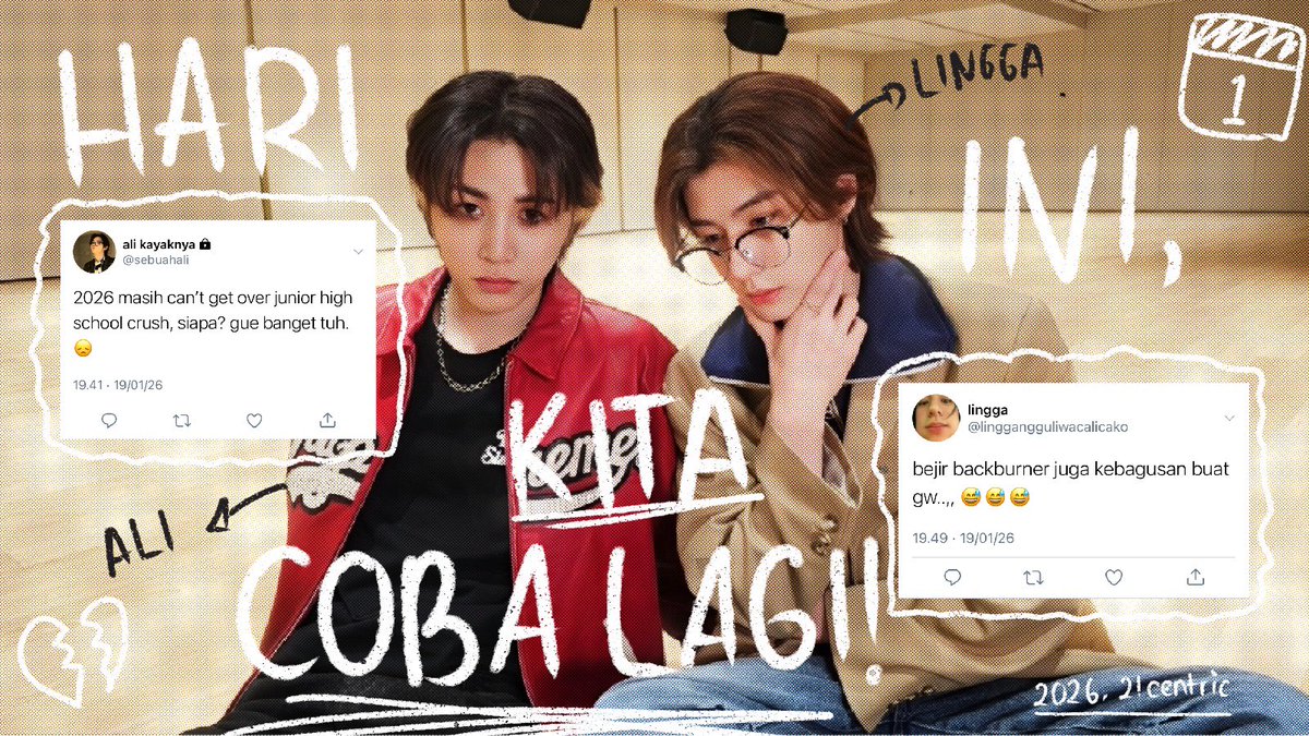 21centric's tweet image. #ihtaes local series au

Hari Ini, Kita Coba Lagi! 

Sedikit usaha Lingga dan Ali menangin cinta pertamanya. Bedanya Lingga perjuangin Ali, Ali perjuangin yang lain (kali).

2026, 21centric.