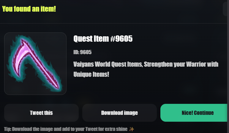 AsherLand's tweet photo. I just found Quest Item #9605 in @Vaiyansworld Item Quest!
Try your luck → https://t.co/LmwB2zDY7B #Vaiyans #ItemQuest #VeChain https://t.co/clQlCZxDGe