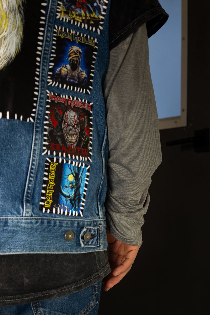 Built for shows and everyday wear: a battle vest with sewn Iron Maiden patches. #thepit #rockmusic #metalhead