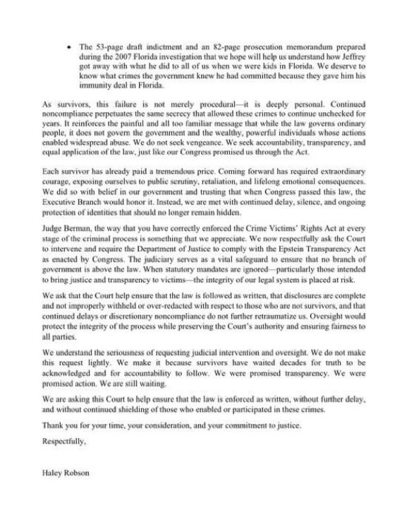 🚨Las víctimas de Epstein se cansan de esperar👇🏻

⭕️Haley Robson envía una contundente carta exigiendo que se obligue al Department of Justice a cumplir la ley de transparencia aprobada por el Congreso.

👉🏻 ¿A quiénes están protegiendo?
La ley debe aplicarse, caiga quien caiga.