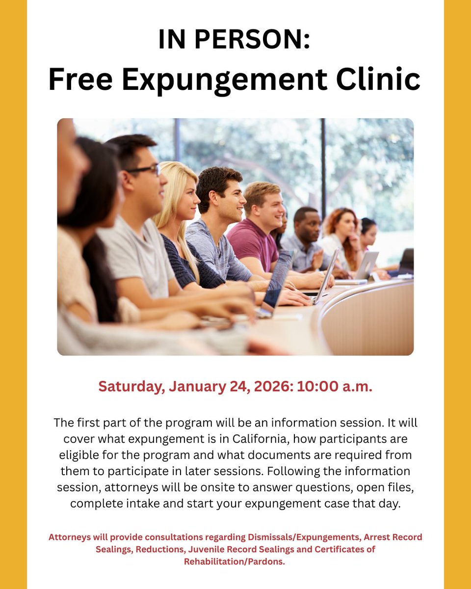 Community Legal Aid Socal is offering a free expungement clinic and is open to qualifying residents of Los Angeles, Riverside, San Bernadino and select areas within Orange County. For more details: lalawlibrary.org/hidden-classes…