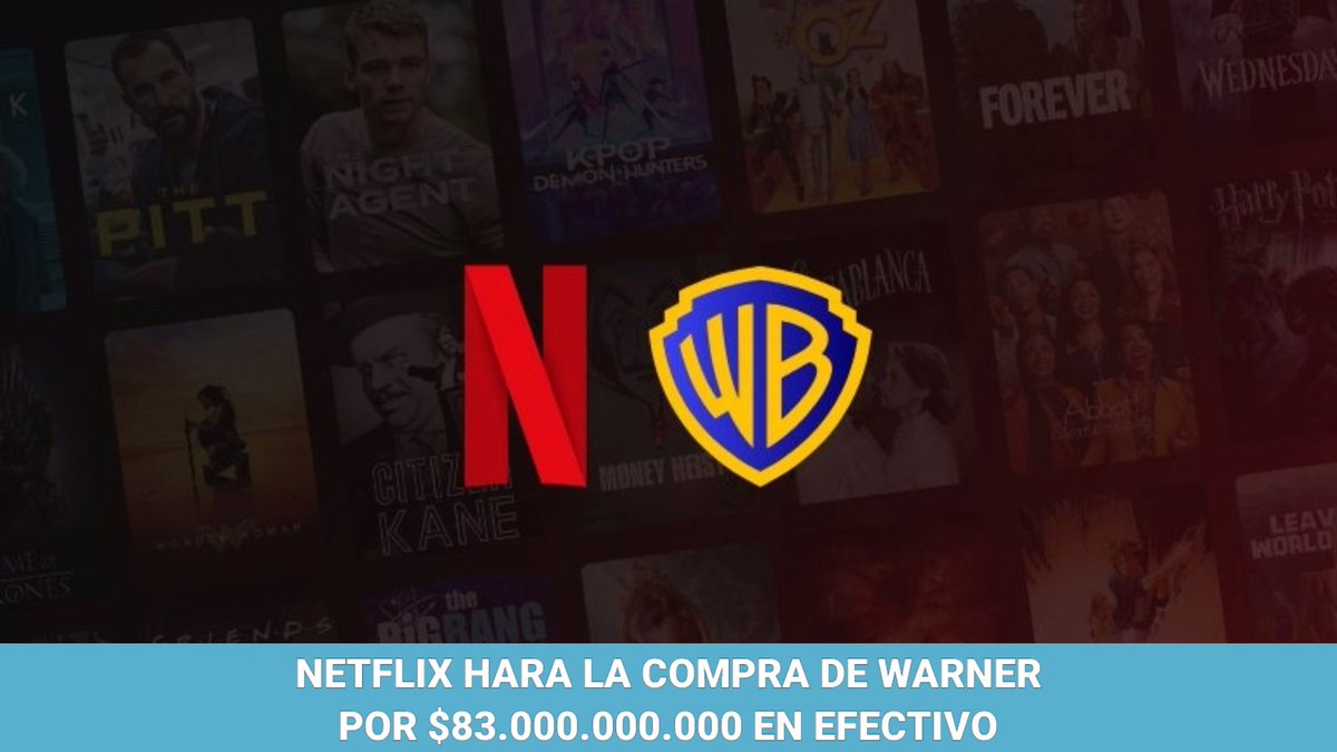 Con el objetivo de acelerar la compra,Netflix cambio el modelo de pago de Warner y hará el pago de 83.000.000.000 de Dólares en efectivo

#NetflixWarner