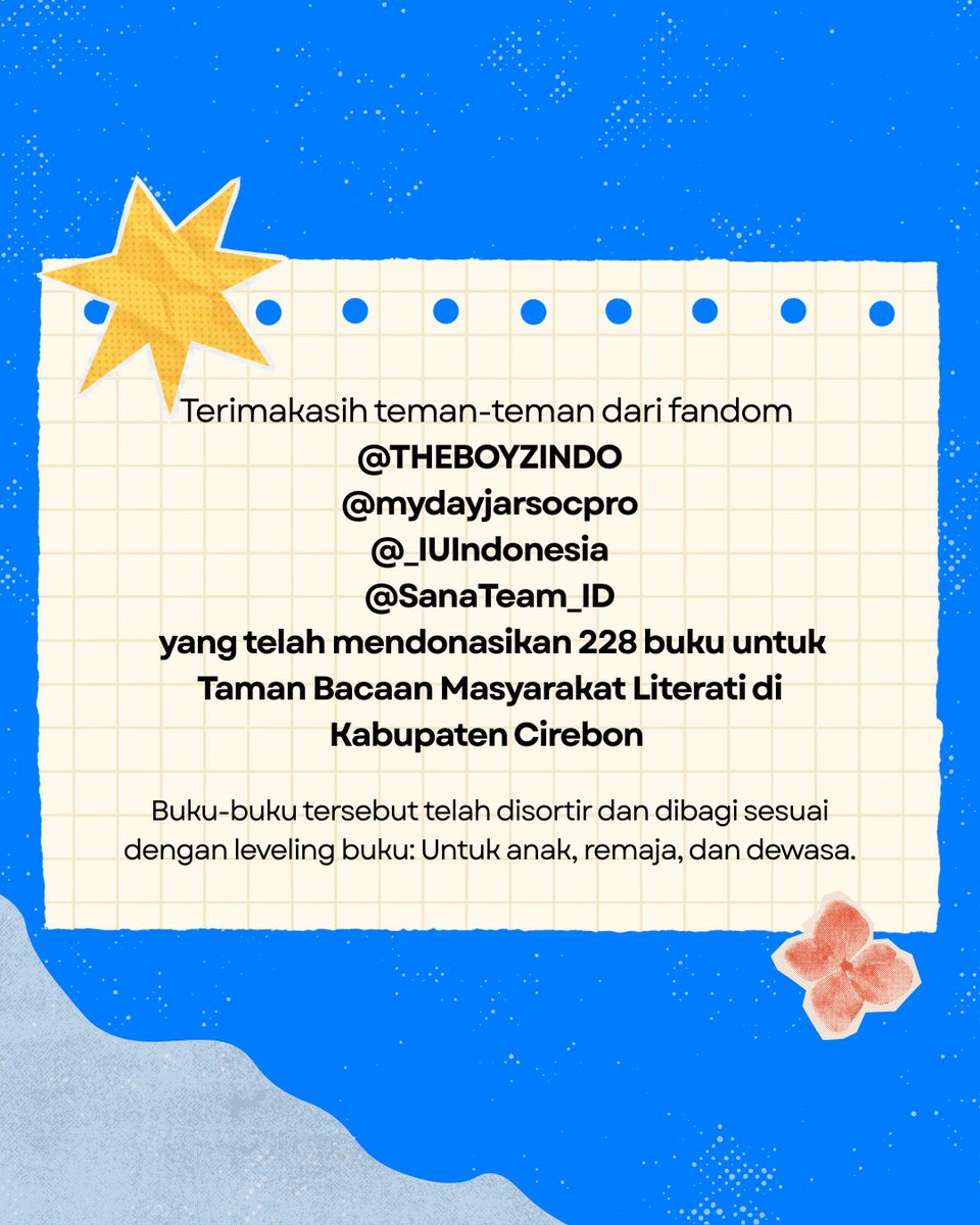 Donasi buku untuk TBM Literati!

Terimakasih teman-teman dari fandom <a href="/THEBOYZINDO/">THE BOYZ INDONESIA</a> <a href="/mydayjarsocpro/">SUNGBRI BIRTHDAY PROJECT</a> <a href="/_IUIndonesia/">IU INDONESIA🇮🇩</a> <a href="/SanaTeam_ID/">Sana Support Team 🇮🇩</a> yang telah mendonasikan 228 buku untuk Taman Bacaan Masyarakat Literati di Kabupaten Cirebon!