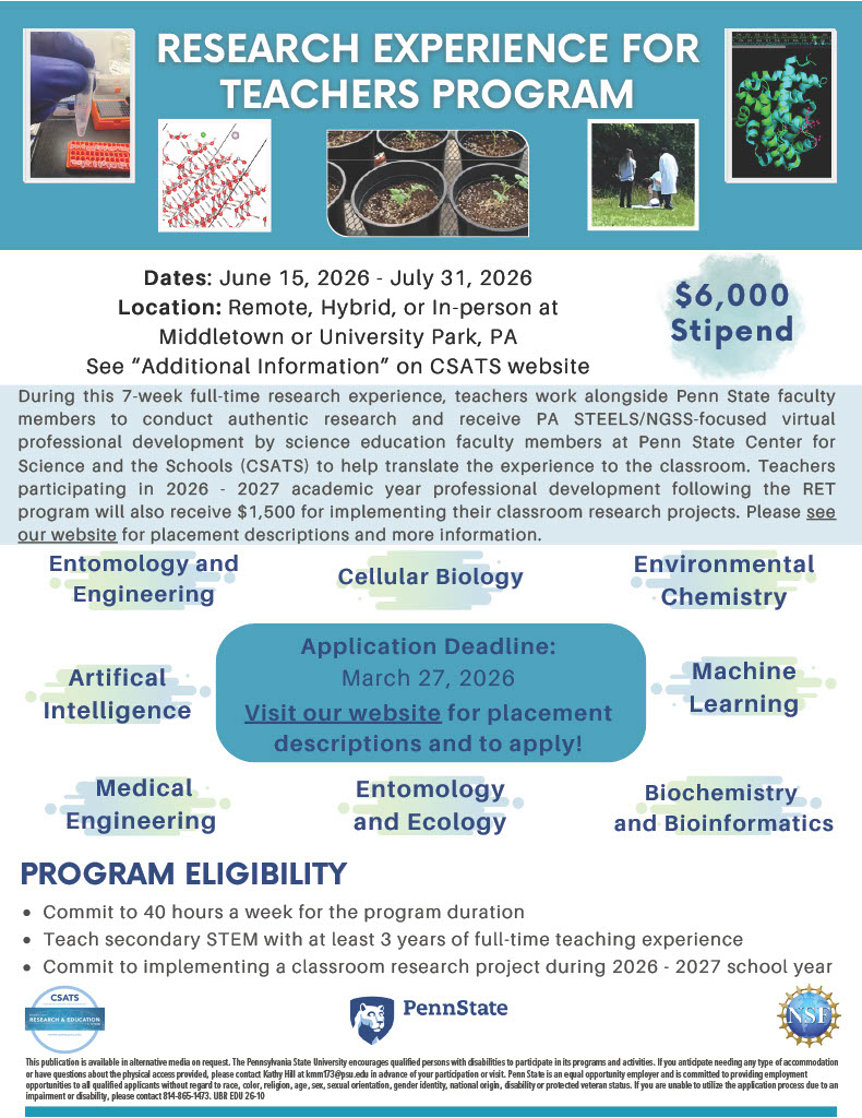 pennstateCSATS's tweet photo. 🌟2ndary Educators, opportunity is knocking! ✊ 🚪 $6K 💸
Enhance your teaching /career w/ cutting-edge research. CSATS Summer Research Experiences for Teachers (RET) 6.15 - 7.31.26! Engage in research, develop classroom projects, &amp; earn $6,000 +!
 👉 https://t.co/vYvXBDSvOP https://t.co/8Znxvp564w