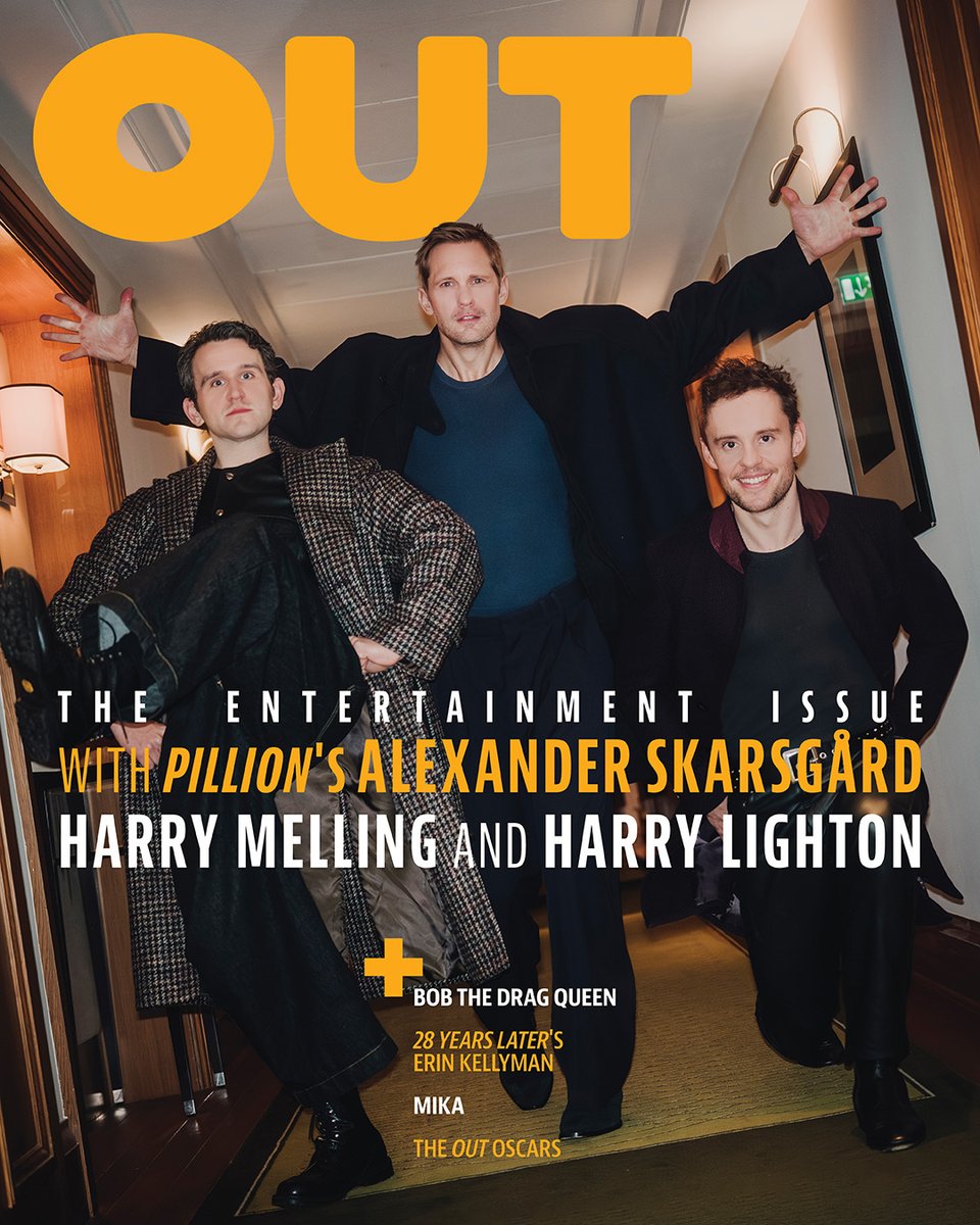 outmagazine's tweet image. Between fairy lights, leather, and longing, Alexander Skarsgård, Harry Melling, and director Harry Lighton bring @a24’s tender, provocative queer romance 'Pillion' to the cover of Out’s Entertainment Issue. 🖤