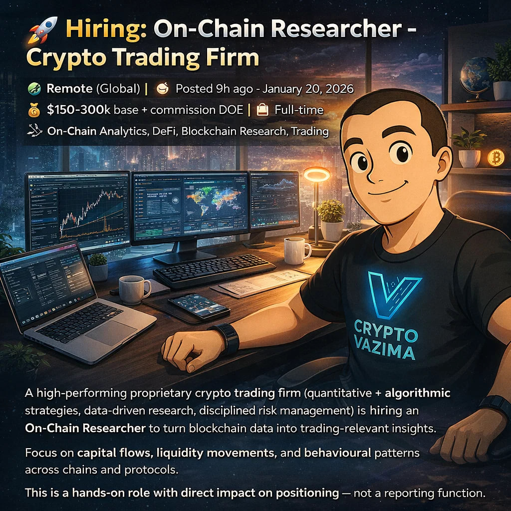 🚀 Hiring: On-Chain Researcher - Crypto Trading Firm 📍 Remote (Global) |  💼 Full-time | 🧑‍💻 On-Chain Analytics, DeFi, Blockchain, Trading Research  | 💰 $150-300k base + commission DOE | 🕐 Posted