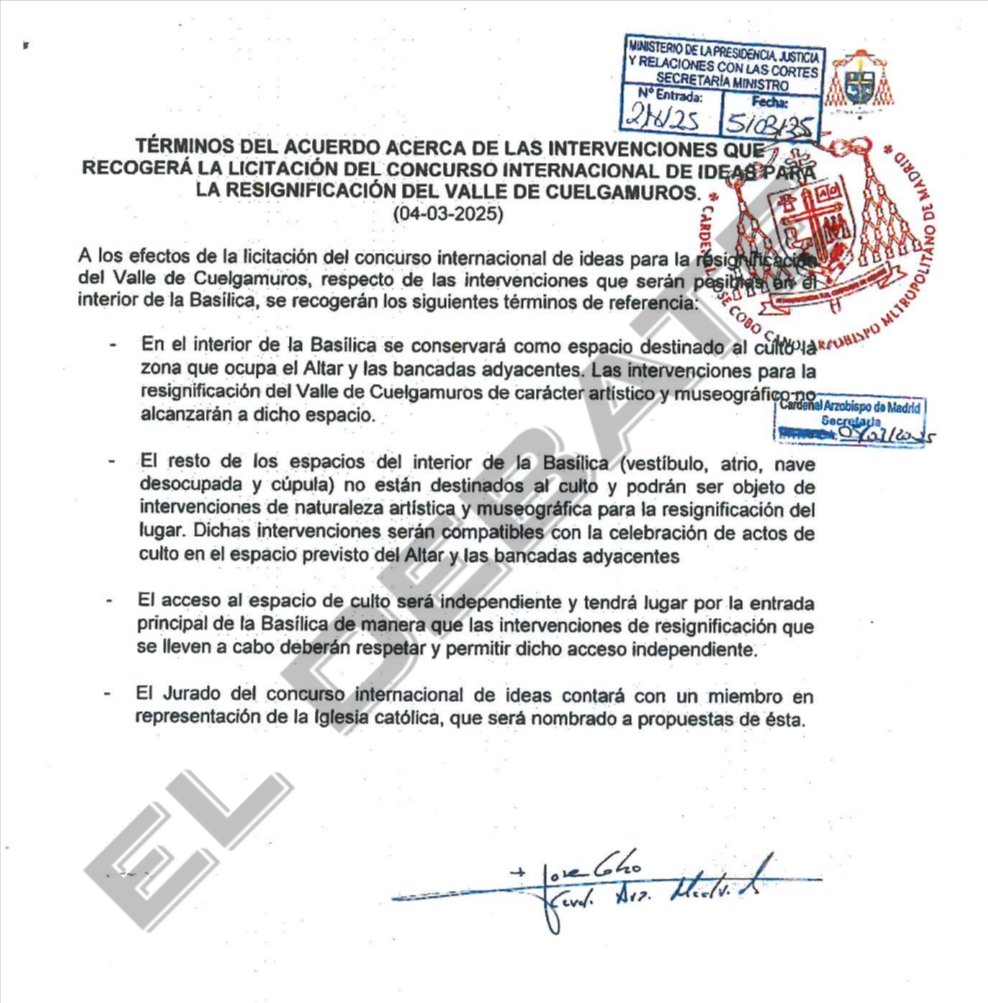 O sea que, al final de todo, fue el cardenal Cobo, arzobispo de Madrid, quien firmó y aceptó la desacralización y la "resignificación" de la Basílica del Valle de los Caídos, dejando a salvo únicamente el altar y las bancadas adyacentes. 

Muy triste. 😥