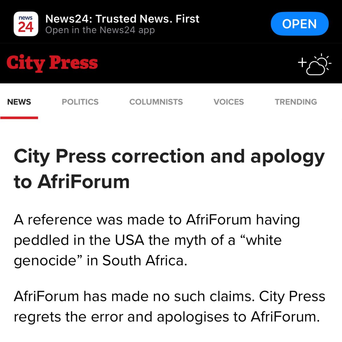 Media’s 13th apology to AfriForum — and counting: Today, yet another apology to <a href="/afriforum/">AfriForum</a> was published on <a href="/News24/">News24 🇿🇦</a>’s website. This time, the apology was for misinformation and falsehoods published about AfriForum by <a href="/City_Press/">City Press</a> on News24. This marks the thirteenth apology to