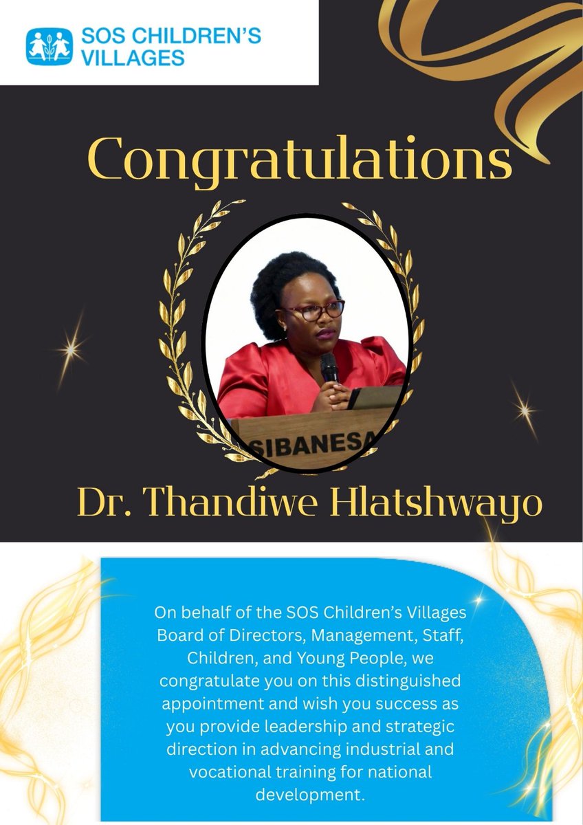 On behalf of SOS Children’s Villages, we congratulate Dr Thandiwe Hlatshwayo on her appointment as Board Chairperson for Industrial and Vocational Training.
#Congratulations #Leadership #SkillsDevelopment #VocationalTraining #SOSCV
