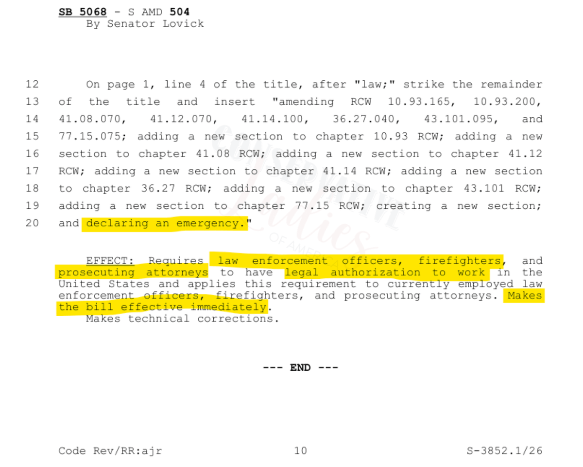 juliecbarrett's tweet image. This bill in WA gets worse...NEW amendment!! 

SB 5068 allows non-citizens to be LEOs. 
*Refugees
*Asylees
*Temporary Protected Status
...all can be cops, enforcing laws, arresting citizens.

🚨New Amendment by the bill cosponsor, Senator Lovick EXPANDS eligibility, making it…