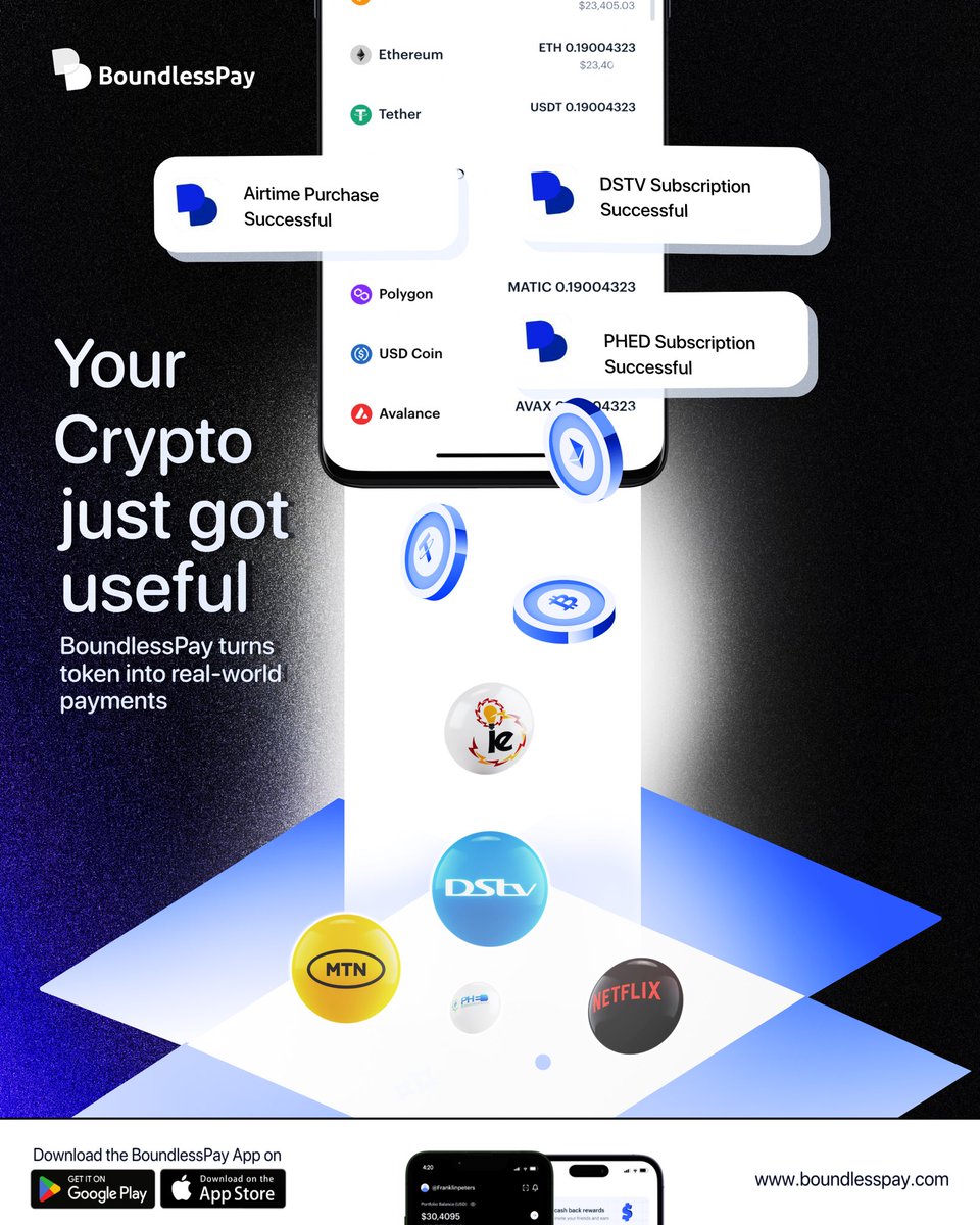 Turn your crypto into real-world power. Pay bills, buy airtime, and stream  your favorites All with BoundlessPay.