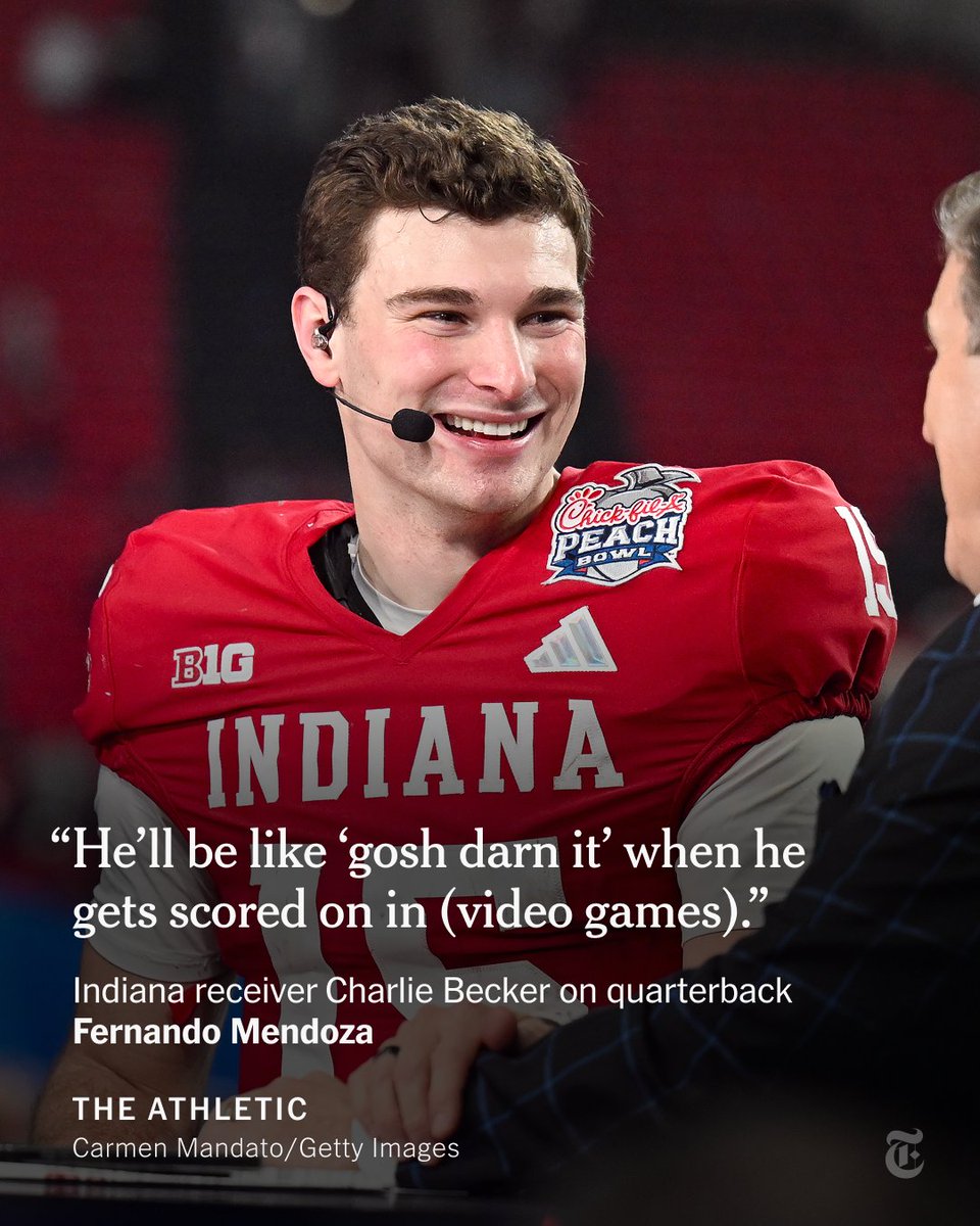 nytimes's tweet photo. From @TheAthletic: Fernando Mendoza’s postgame interviews have drawn love and attention for their unique delivery and perfect grammar and prose. He’s aware people say he talks like ChatGPT. He promises he’s a real person who does normal things. https://t.co/EjfvbXVGpy https://t.co/i9bMimLeYu