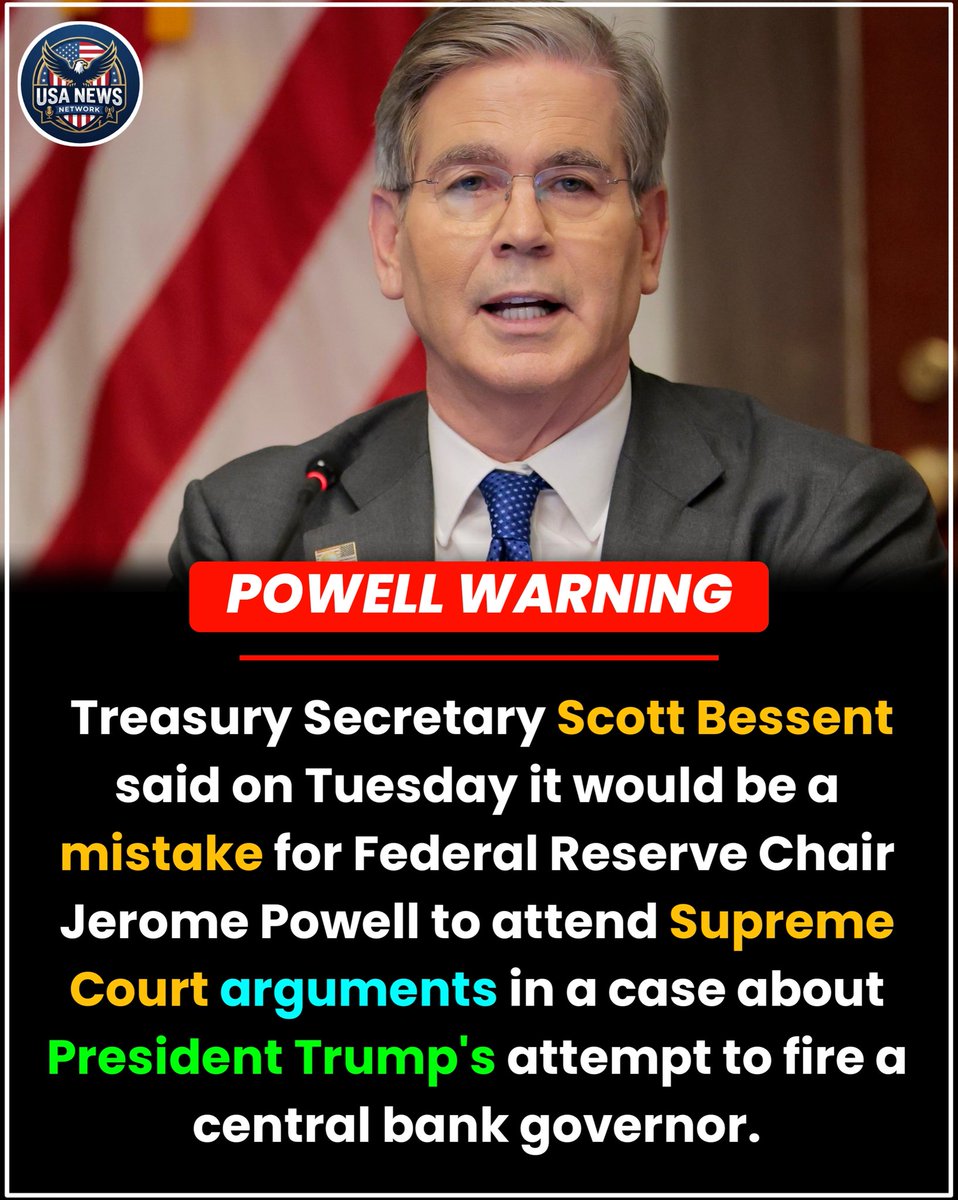 PMFNEWS's tweet image. Treasury Secretary Scott Bessent said on Tuesday it would be a mistake for Federal Reserve Chair Jerome Powell to attend Supreme Court arguments in a case about President Trump's attempt to fire a central bank governor.

#ScottBessent #JeromePowell #trump