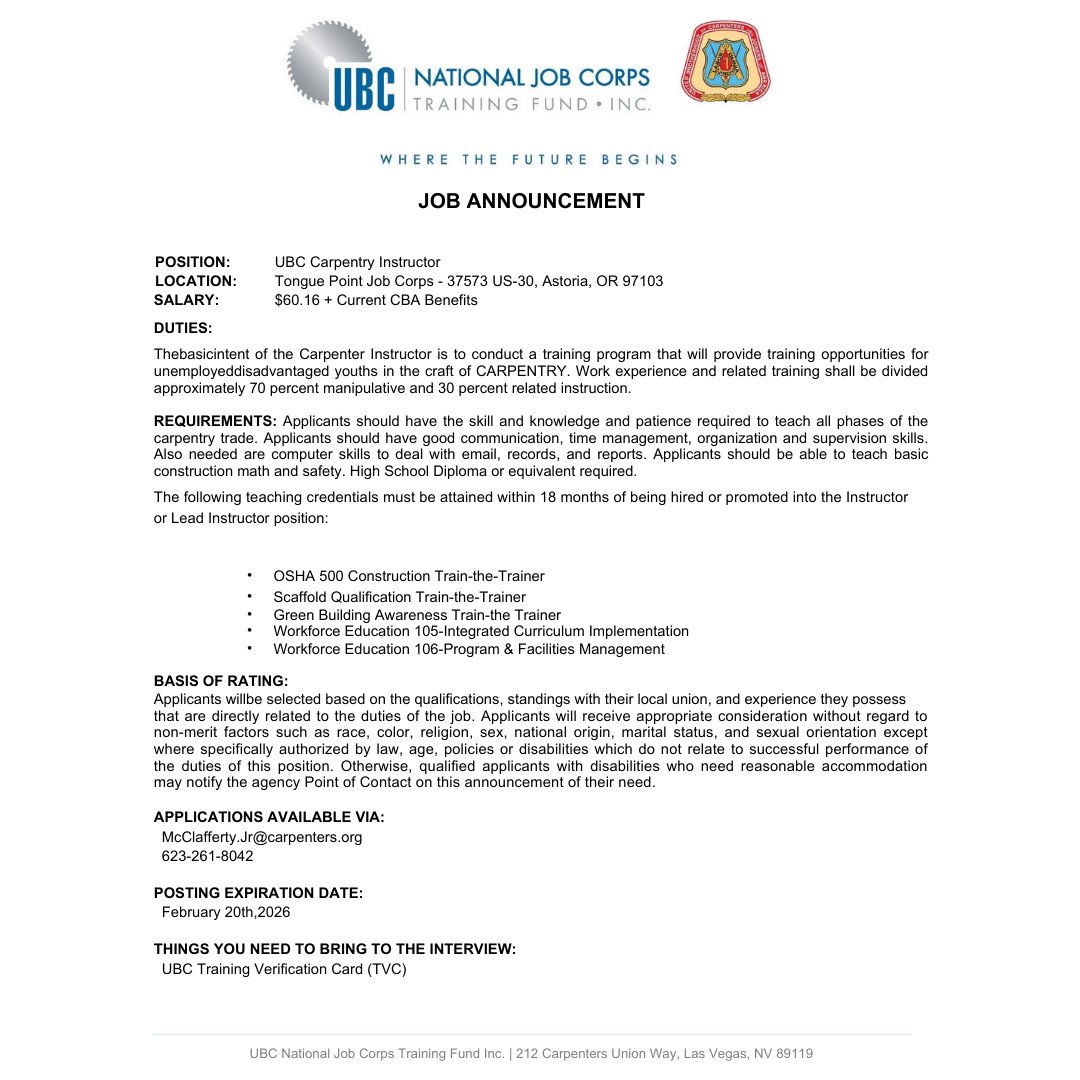 WSCarpenters's tweet image. Attention Carpenters! We have a job opportunity - the #Oregon Job Corps Center is looking for a Carpentry Instructor in Astoria. Think you or a fellow Carpenter may be a good fit? Use the contact info on the flyer to get more information.

#UnionCarpenters #Carpenters #JobCorps