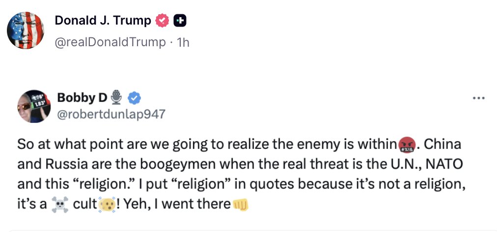 Trump reposts a tweet that says the real enemies to the United States are NATO, the U.N., and the "enemy within" — not China or Russia.
