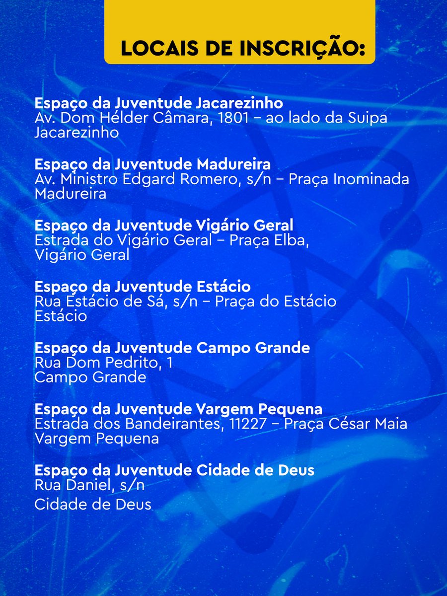 Fevereiro tá logo aí e já dá pra começar o ano do jeito certo! 💡

Estão abertas as inscrições para os cursos gratuitos dos Espaços da Juventude, com início em fevereiro, pra quem quer aprender, se qualificar e dar o próximo passo.
