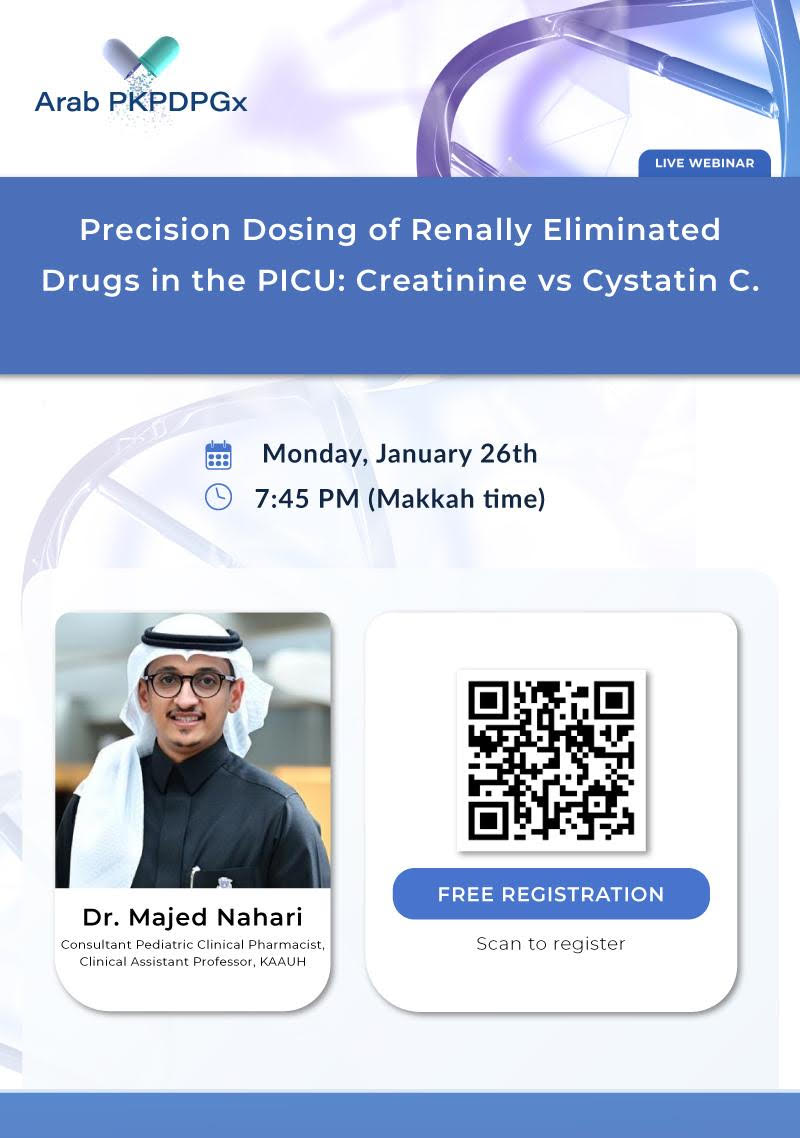 Our next program will be next Monday at 7:45 PM, webinar title is:

Precision Dosing of Renally Eliminated Drugs in the PICU: Creatinine vs Cystatin C

With Dr. Majed Nahari, Pharm.D, BCPPS
Registration link below:
forms.gle/gJLhdwMTB3eYUd…