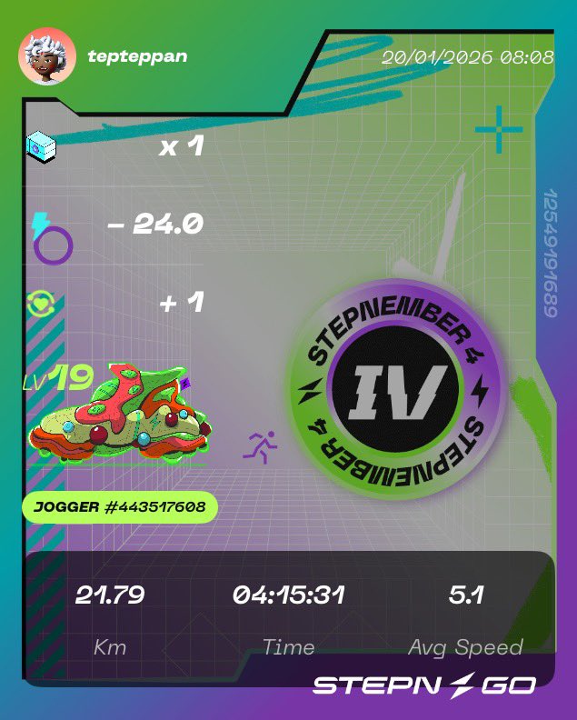 #STEPN #STEPNathon 
21km終わったー!!

家を拠点に7km x 7km x 7km の予定を美味しいパン屋さんで🥐を買うために14km x 7km に途中で変更

一時停止って30分で切れるの忘れがち。パン食べてて危なかった