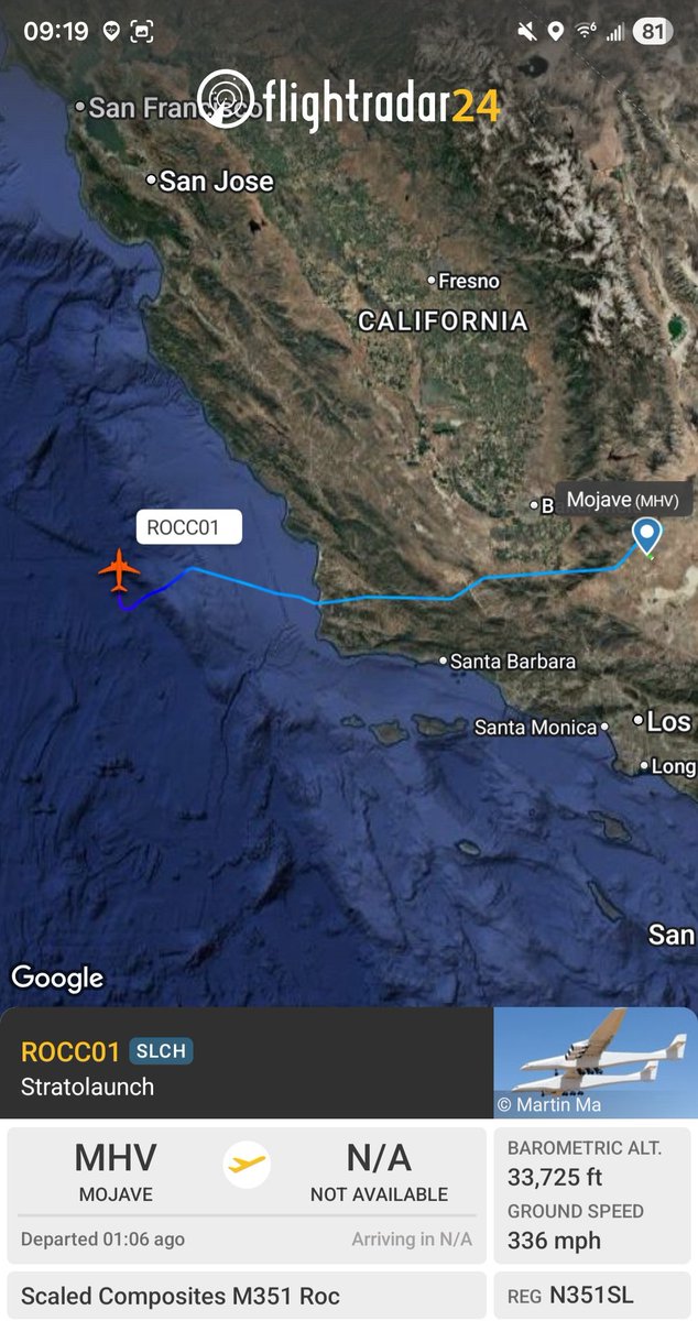 Borrowed7Time's tweet photo. Stratolaunch Scaled Composites M351 Roc N351SL #A3EA1F as ROCC01 out of Mojave, in the air over the Pacific.
@sipjack1776 @LadyAstroJet https://t.co/DtI4uBzySv