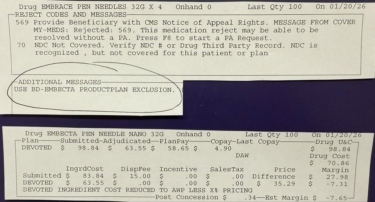 Send a claim for a Medicare Advantage patient for some pen needles for their insulin pens…

Find an inexpensive brand for $6.31  for a box of #100

NDC not covered. 
Use BD-EMBECTA PRODUCT ONLY. 

Find the Embecta Brand they want, box of #100 costs $70.86 

Bill the