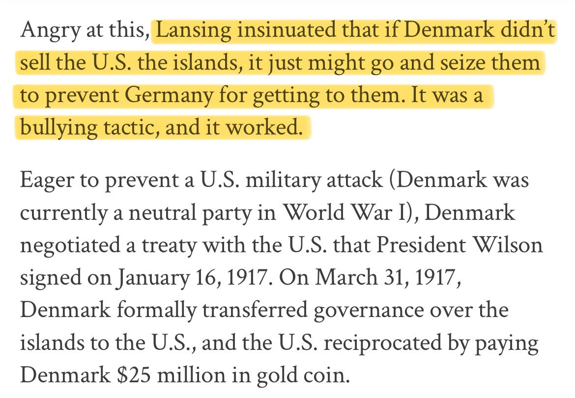 Geiger_Capital's tweet image. In 1917, the US bought the Virgin Islands from Denmark for $25 million…

Danish leaders resisted the sale, so Sec of State Lansing warned that if they didn’t sell, we would simply take them to prevent Germany from gaining a foothold in the Western hemisphere.

They soon sold.