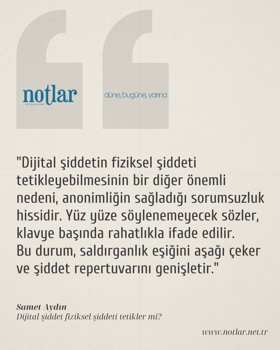 notlar_net's tweet photo. "Dijital şiddetin fiziksel şiddeti tetikleyebilmesinin bir diğer önemli nedeni, anonimliğin sağladığı sorumsuzluk hissidir. Yüz yüze söylenemeyecek sözler, klavye başında rahatlıkla ifade edilir. Bu durum, saldırganlık eşiğini aşağı çeker ve şiddet repertuvarını genişletir."

📝Samet Aydın @smtaydn10
🖊️Dijital şiddet fiziksel şiddeti tetikler mi?
🔗https://t.co/h8F7orDRR7