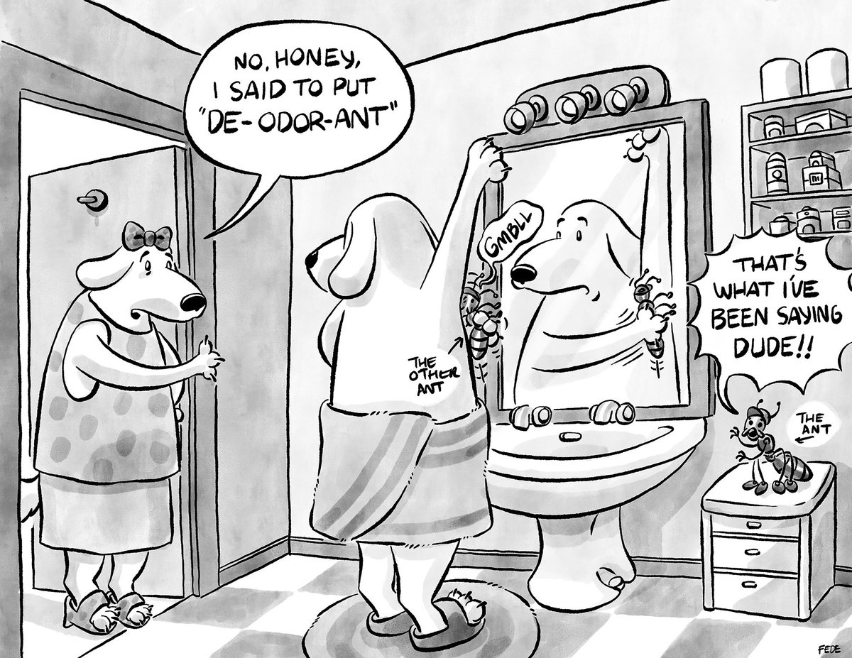 prof_scatter's tweet photo. Tuesday’s Sunday Doodle
“No, Honey, I said put DE-ODOR-ANT”, “That’s what I’ve been saying dude!!”
https://t.co/apEJmPU7bo

#comic #nosense #humanmade #cartoon 
#pet #weekend #today #funnies #turtle  #tuesday #today #etsy #notai #aifree #noai #humanmade https://t.co/8SeRQgEaIq