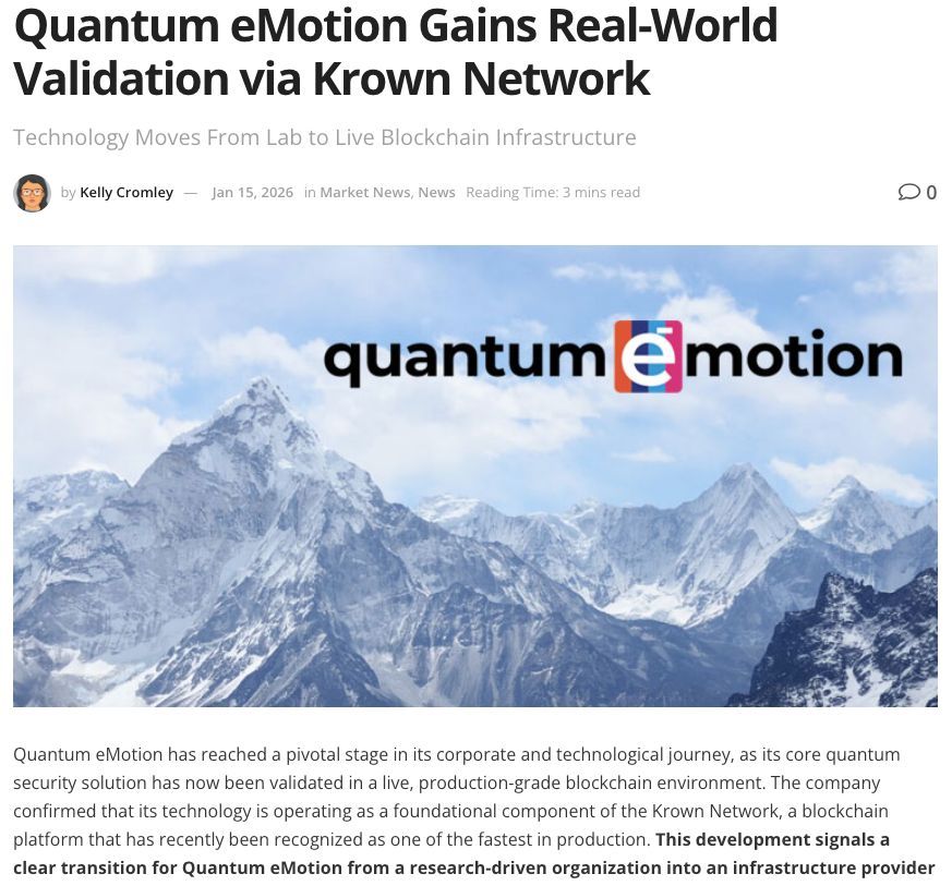 KrownNetwork's tweet photo. 📰 In a Jan 15, 2026 feature for CoinTrust, journalist Kelly Cromley reports that @QEM_Corp's QRNG2 technology is being validated in live blockchain infrastructure via the Krown Network.

📊 Independent Chainlist telemetry confirms sub-100ms transaction latency on @krownnetwork MainNet under real transaction load.

🔗 https://t.co/PfCGIppPdv

#KrownNetwork #QuantumSecurity #PostQuantum #BlockchainInfrastructure #Layer1 #Web3 #ExecutionMatters #CryptoTech