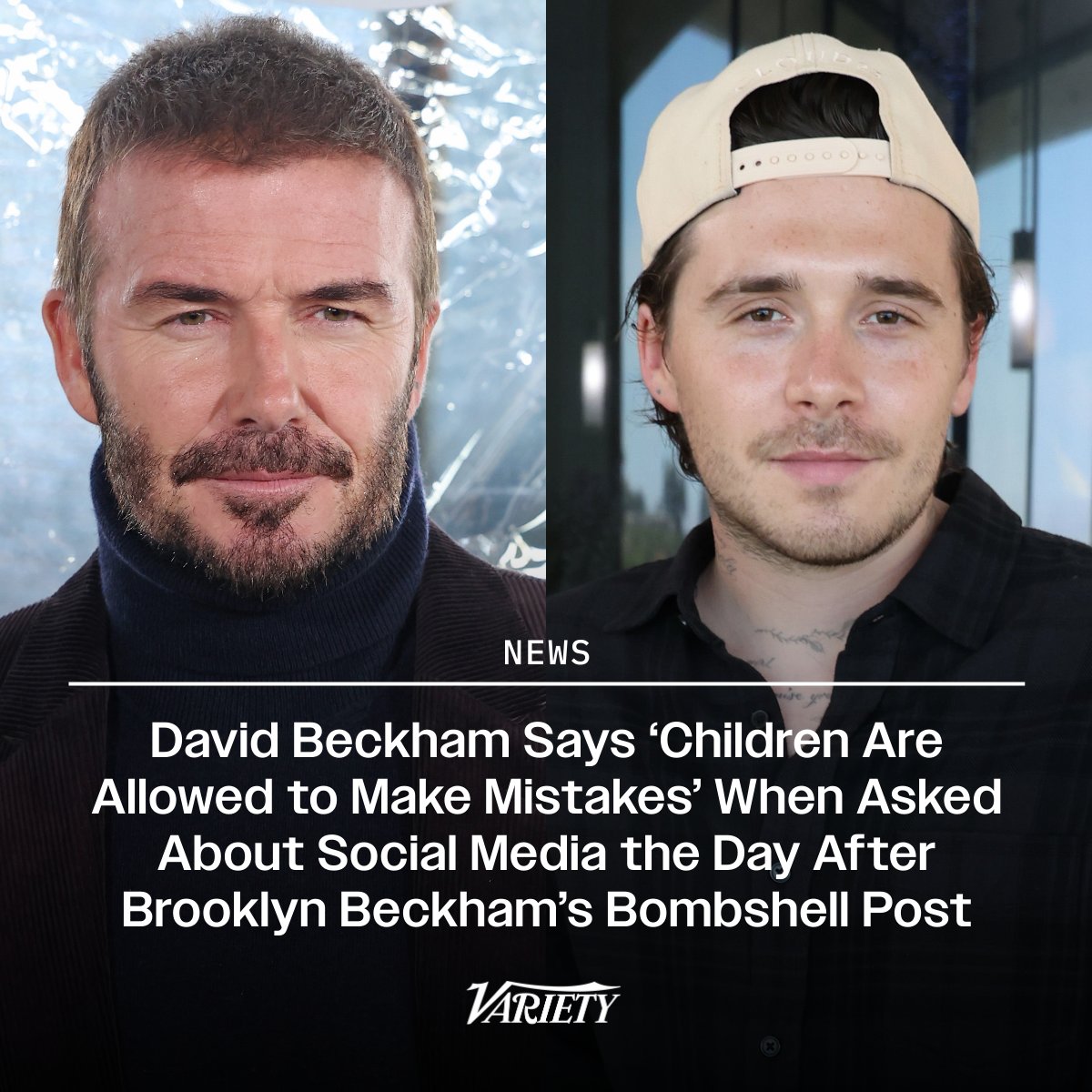 Variety's tweet photo. David Beckham says "children are allowed to make mistakes" when asked about social media the day after Brooklyn Beckham's bombshell post about his feud with his family.

“I’ve always spoken about social media, and the power of social media for the good and for the bad. We’ve talked about what kids can access these days and it can be dangerous. What I’ve found personally, especially with my kids as well, use it for the right reasons... [Children] make mistakes. Children are allowed to make mistakes. That’s how they learn. That’s what I try to teach my kids, but, you know, you have to sometimes let them make those mistakes as well."
https://t.co/wq5UGjfcTW