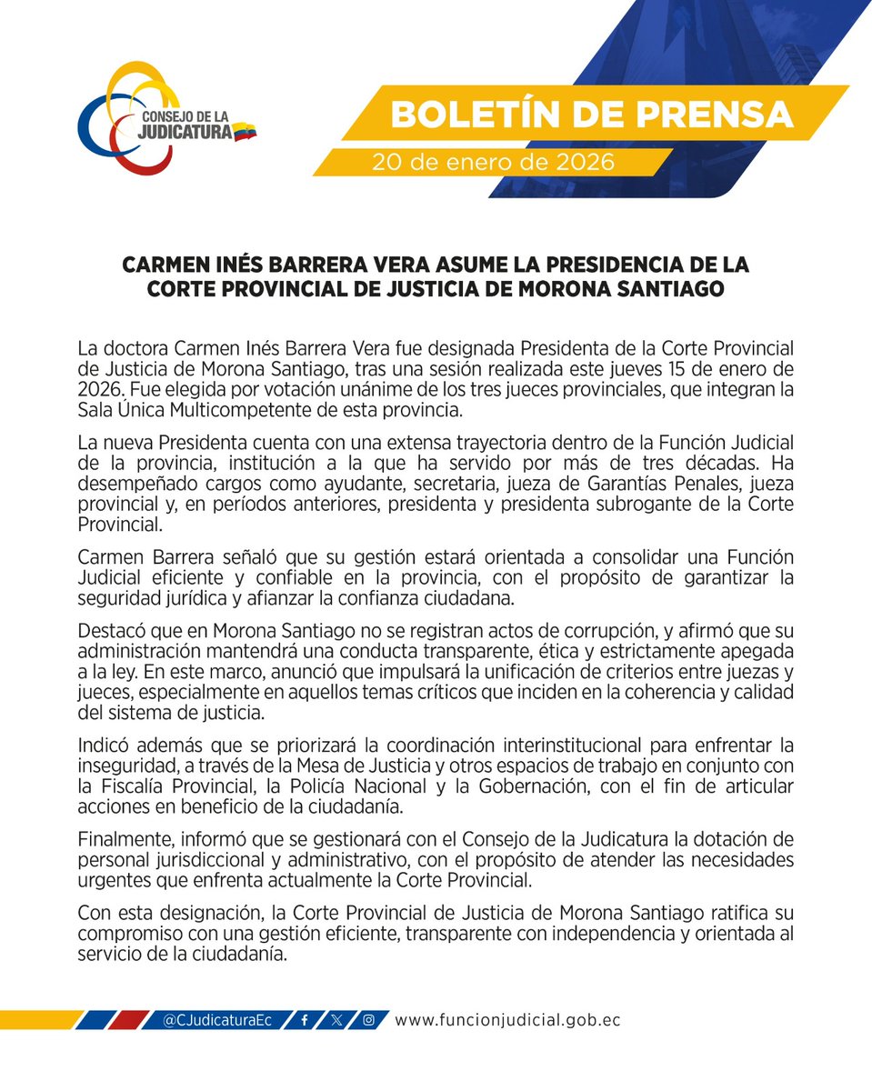 MoronaCJ's tweet photo. 📰ATENCIÓN |La Dra. Carmen Inés Barrera Vera asumió la Presidencia de la Corte Provincial de Justicia de Morona Santiago.
📄 Conoce más detalles aquí ⬇️
https://t.co/pDyYu6ji5I https://t.co/E4awtKgu8v