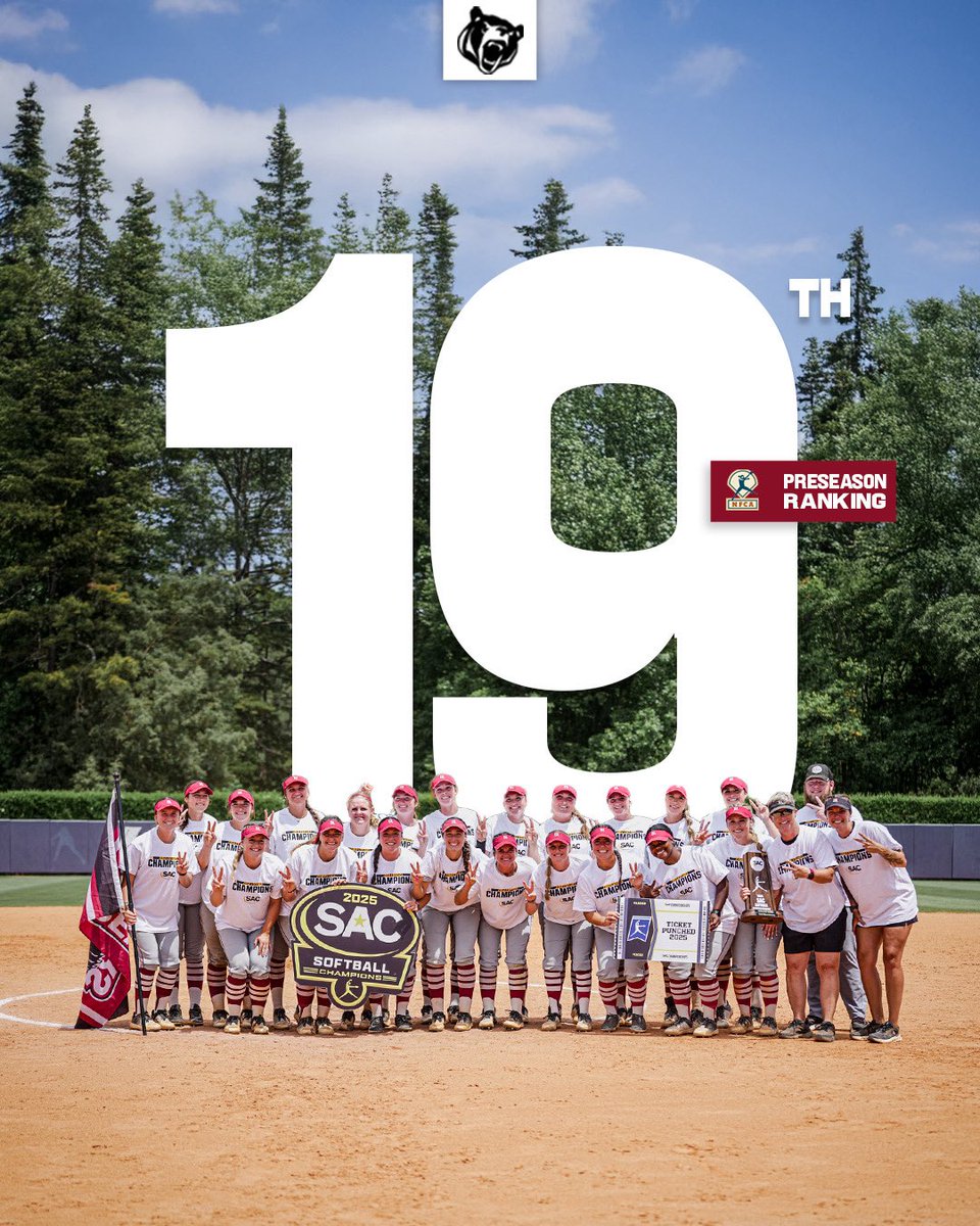 The reigning back-to-back SAC Champs are ranked 𝟏𝟗𝐭𝐡 in the NFCA Preseason Poll.

🐻🥎

#GOBEARS | #BetweenTheBricks