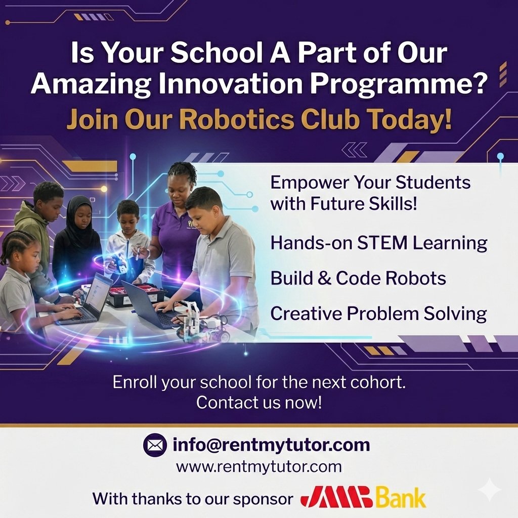 ATTN Principals: Is your school part of our Innovation Programme? Join our Club &amp; help students build future-ready STEM skills! 

Thanks to <a href="/jmmbgrouptt/">JMMB Trinidad and Tobago</a>  for supporting STEM education 🙌

#Robotics #STEMEducation #RentMyTutor
#FutureSkills #EdTech #JMMB