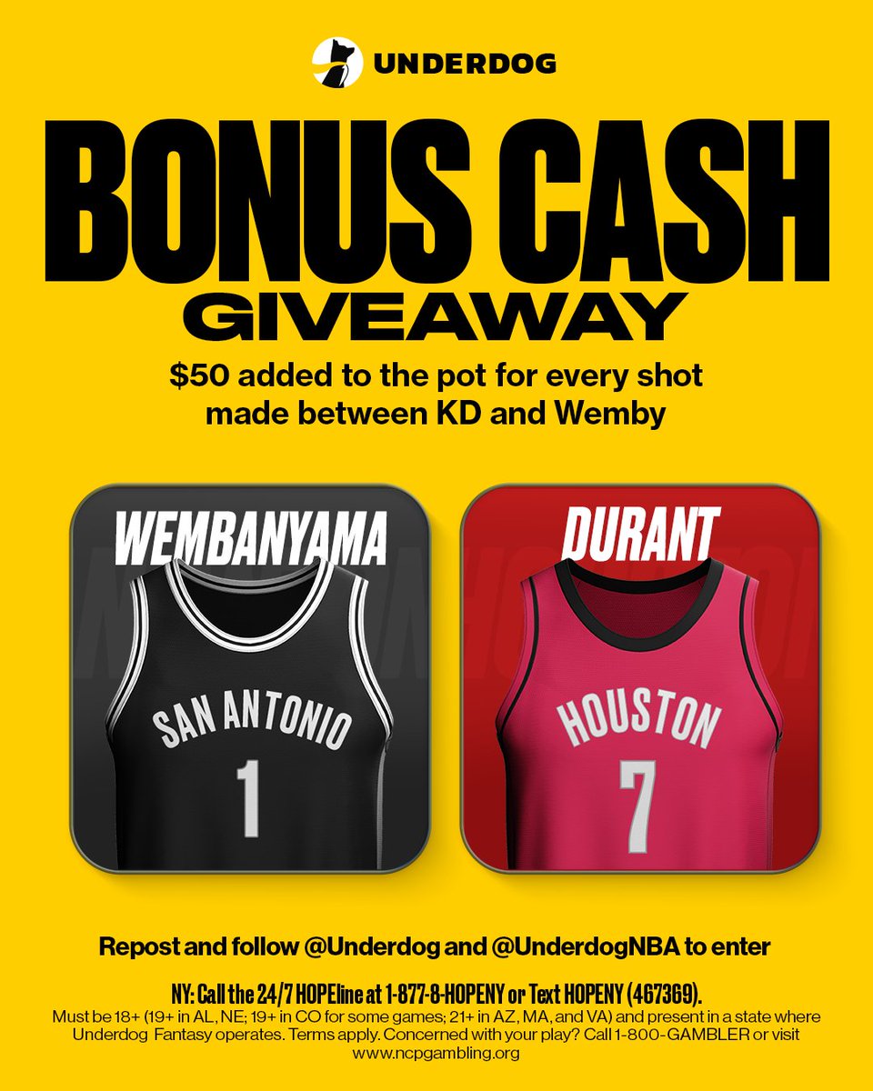 Underdog's tweet image. 🚨 BONUS CASH GIVEAWAY 🚨

We're adding $50 to the pot for every shot made between Kevin Durant and Victor Wembanyama tonight 💰

To enter...
1⃣ Repost this
2⃣ Like the post
3⃣ Follow us @Underdog
4⃣ Follow @UnderdogNBA