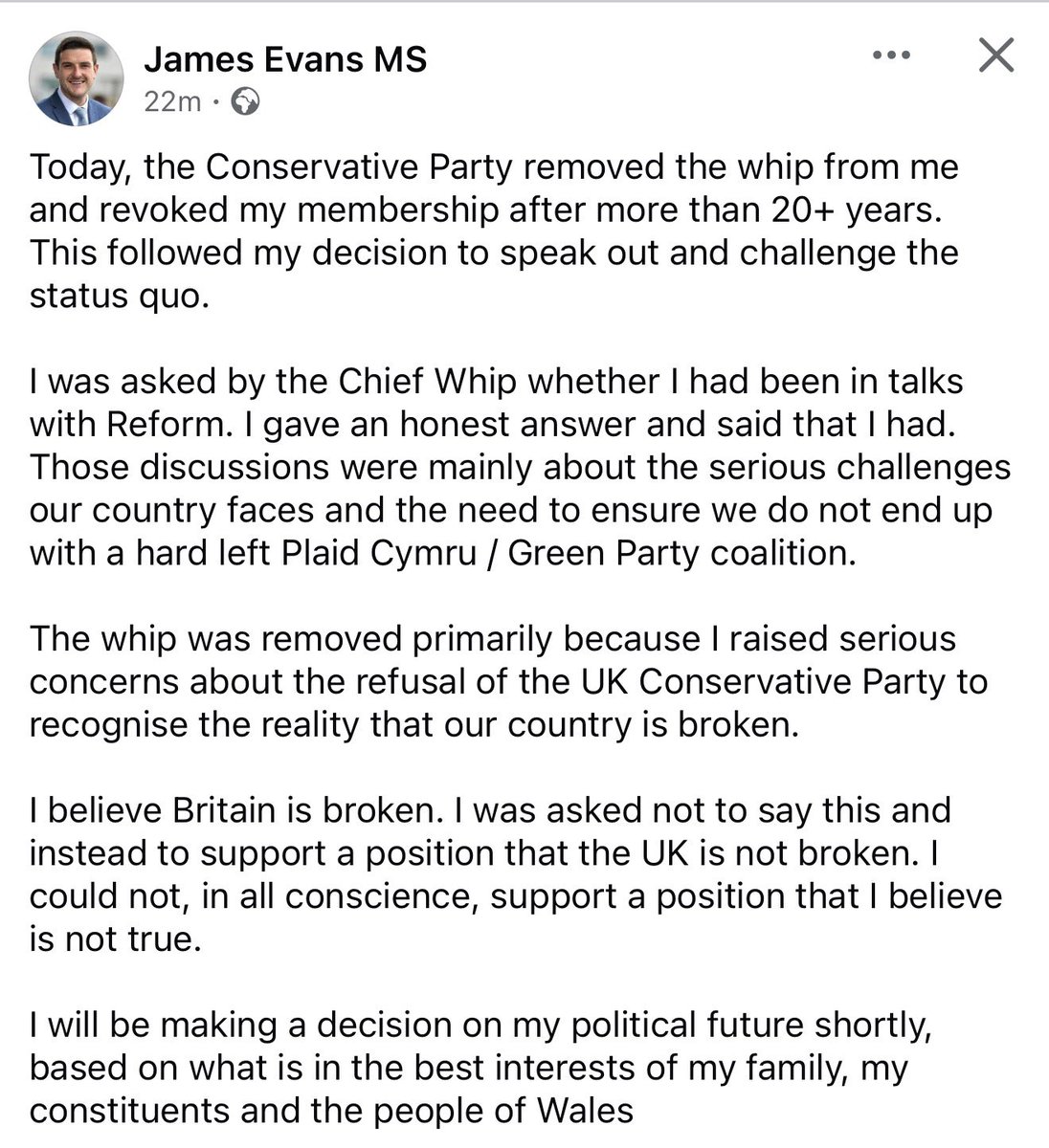 Quite something from <a href="/JamesEvansMS/">James Evans MS</a>.

Thrown out for his comments criticising Kemi and believing Britain is broken.