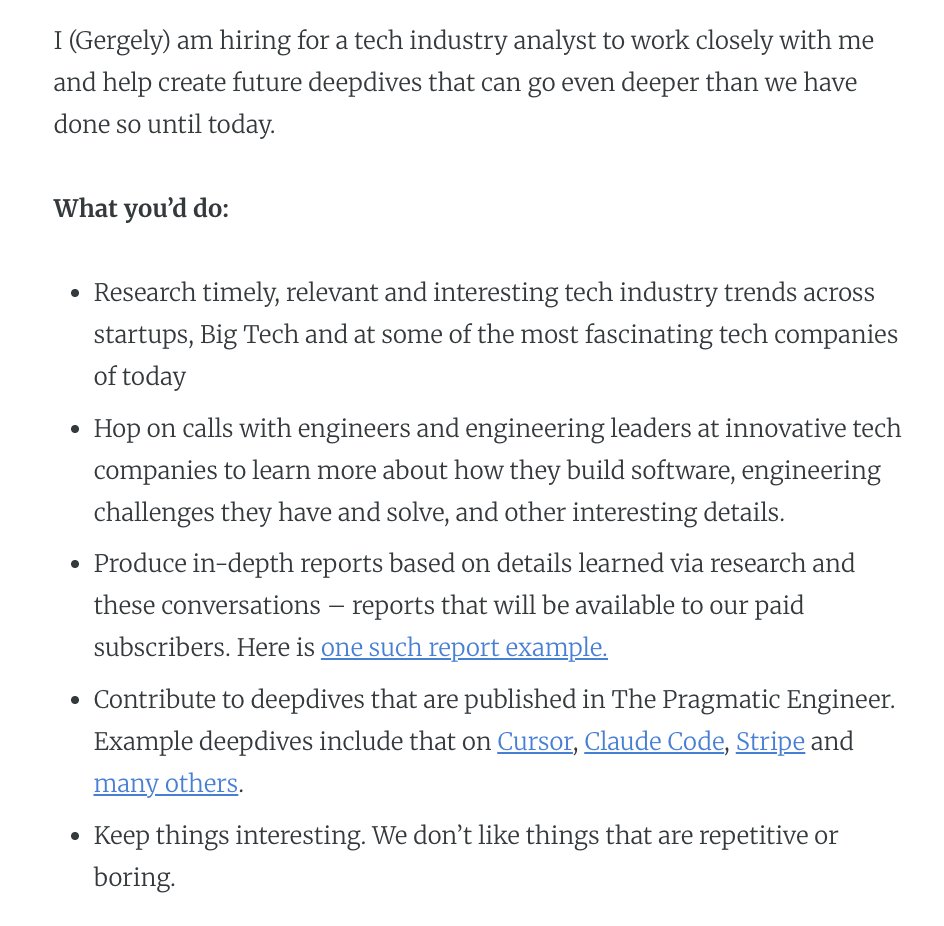 I'm hiring!

For a pretty fun job, if you ask me.

Talk to some of the most interesting teams and companies across the globe, understand what they do, then explain this to fellow software engineers. Full-remote, flexible €150+/$175+ per hour

Details: blog.pragmaticengineer.com/tech-industry-…