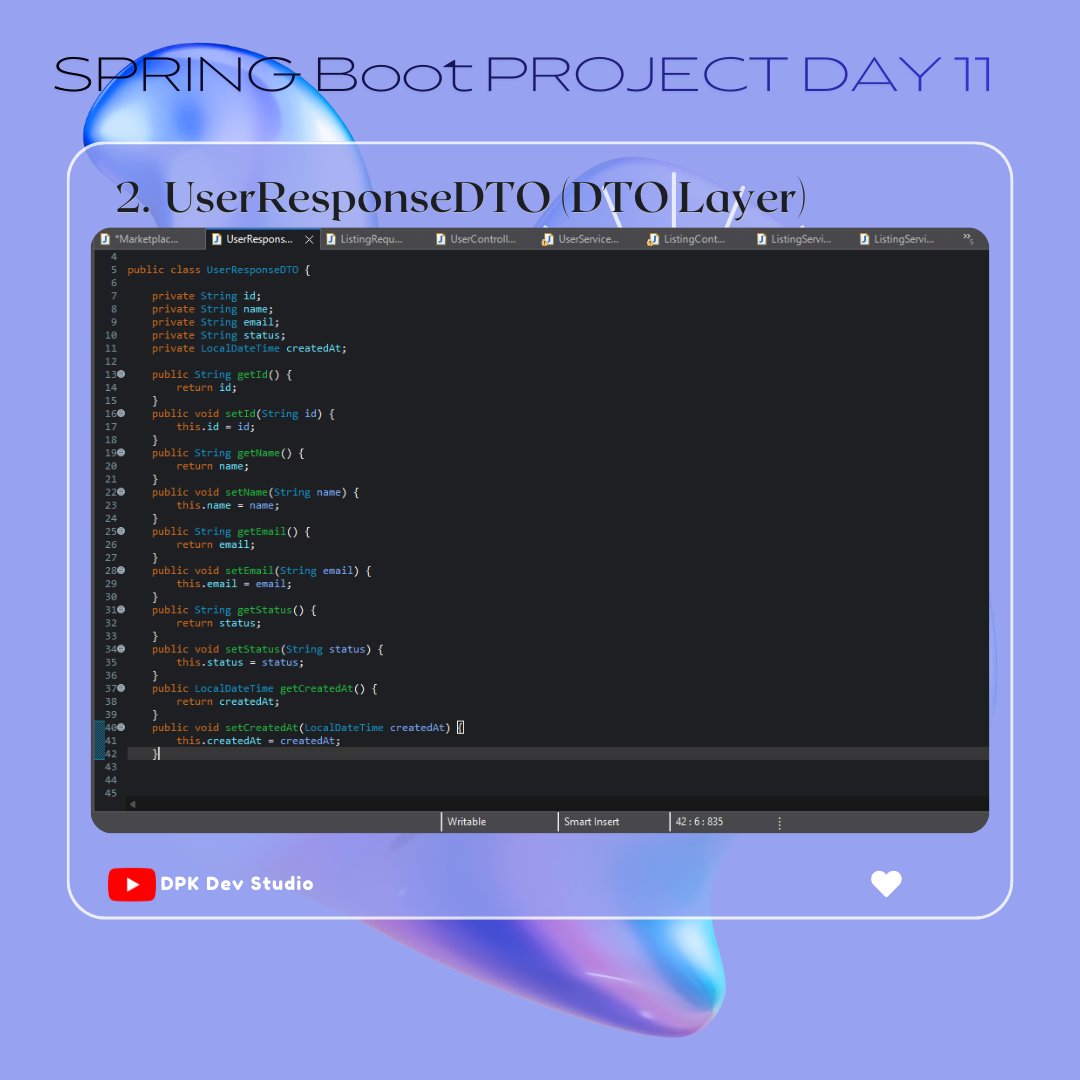 dpkk_s2003's tweet photo. Spring Boot Project – Day 11 🚀
Implemented a clean DTO layer with validation and controller updates for better API design.
📺 Full implementation on YouTube:
👉 https://t.co/BakUtXIfd6
#SpringBoot #Java #DTO #BackendDevelopment #RESTAPI https://t.co/l3JkAjd8NM