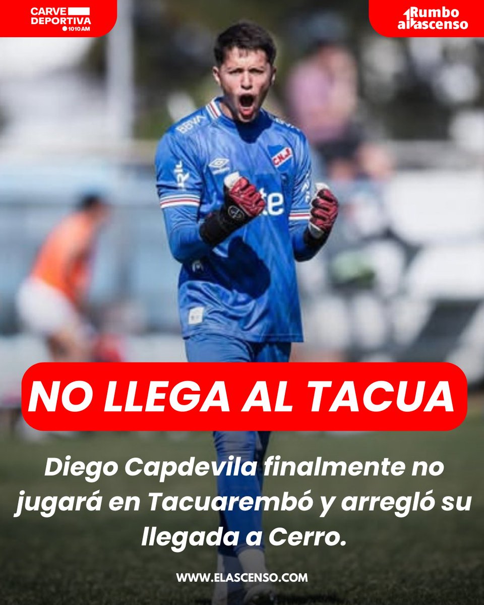 PRIMICIA 🔵⚪️

Diego Capdevila finalmente no va a jugar en Tacuarembó y será nuevo jugador de Cerro. 

El golero tenía acordada de palabra su llegada y le surgió la posibilidad de ir a Cerro.

Federico Pintado vuelve a Tacuarembó tras su paso por el arachán.