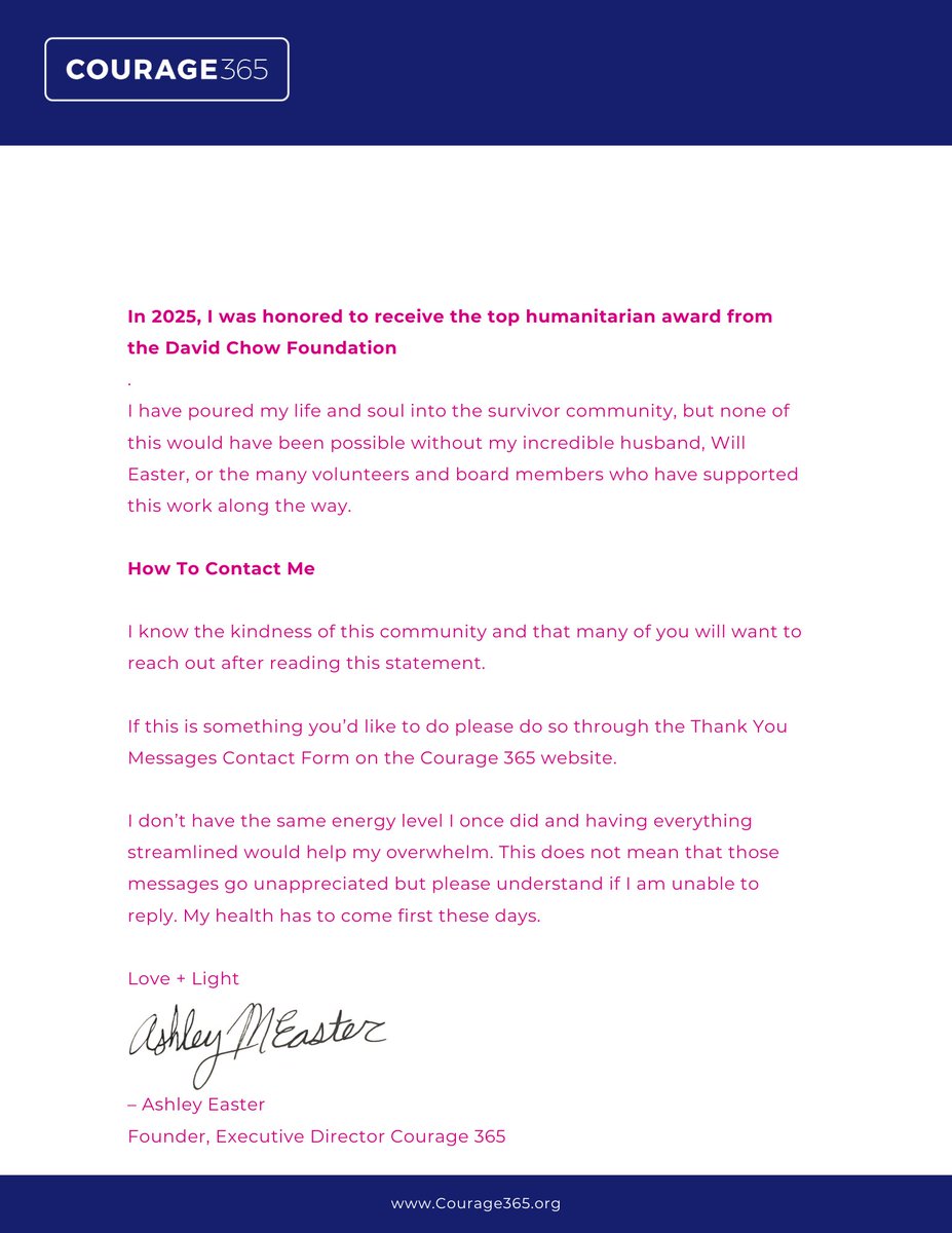 Important announcement about Courage 365. Our organization is going on an indefinite pause so I can focus on my health.

Full statement in the images.
If Courage 365 has made a difference in your life and you wish to reach out please do so at this link: courage365.org/#thankyou